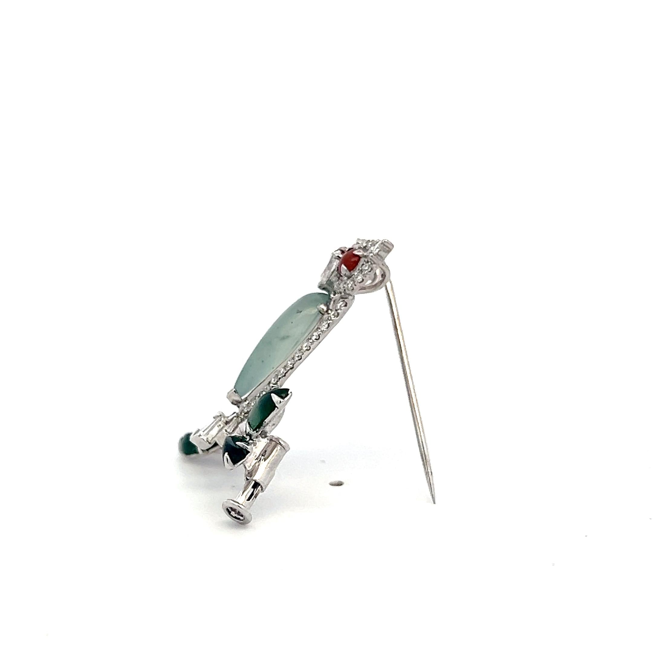 Vintage 18K WG Owl Pin Brooch with 0.69 Carat Multi-Shape Diamonds & Jade