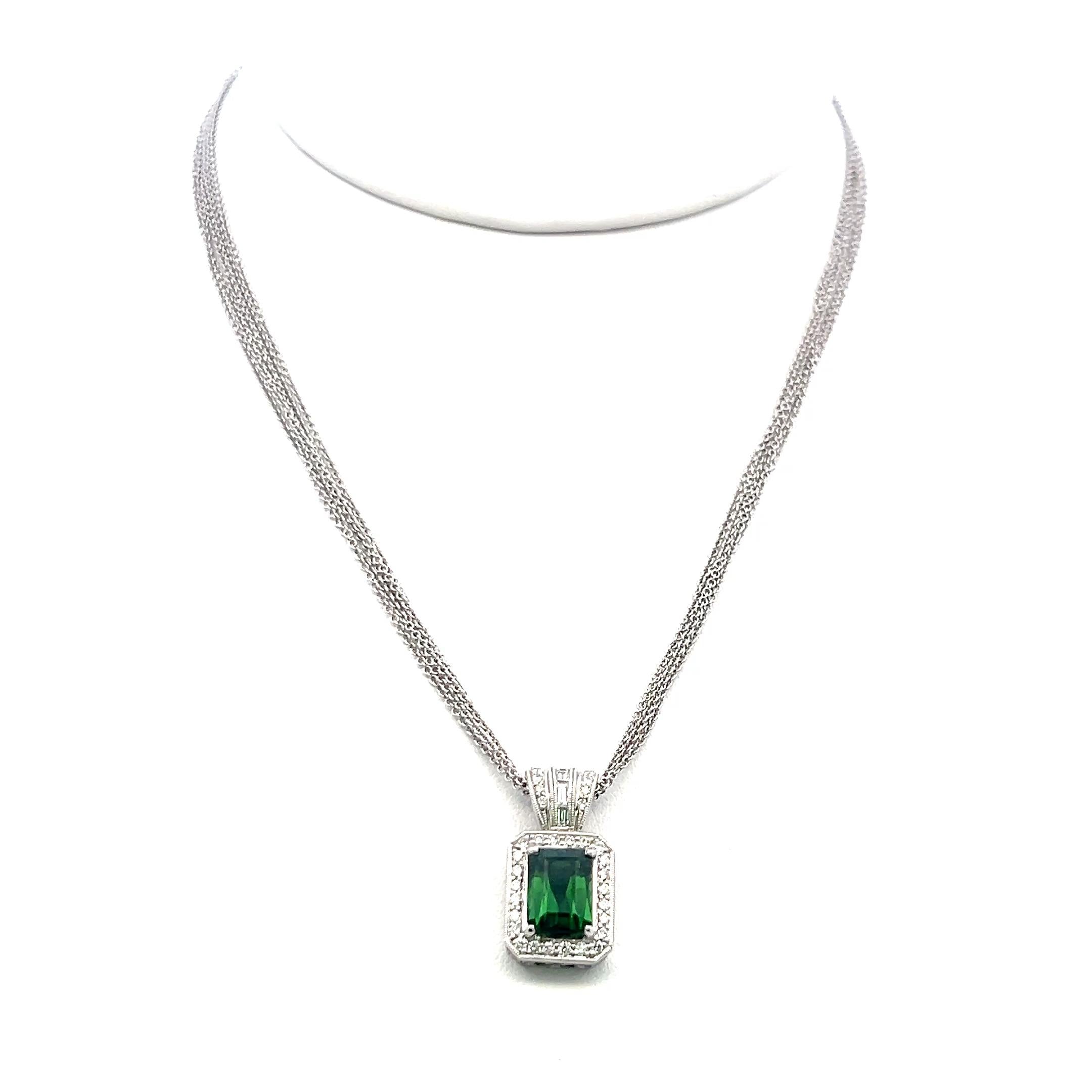 18K WG Pendant Necklace with 0.46ct Round & Baguette Diamonds & 1.5ct Tourmaline
