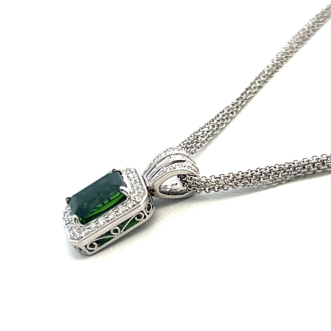 18K WG Pendant Necklace with 0.46ct Round & Baguette Diamonds & 1.5ct Tourmaline