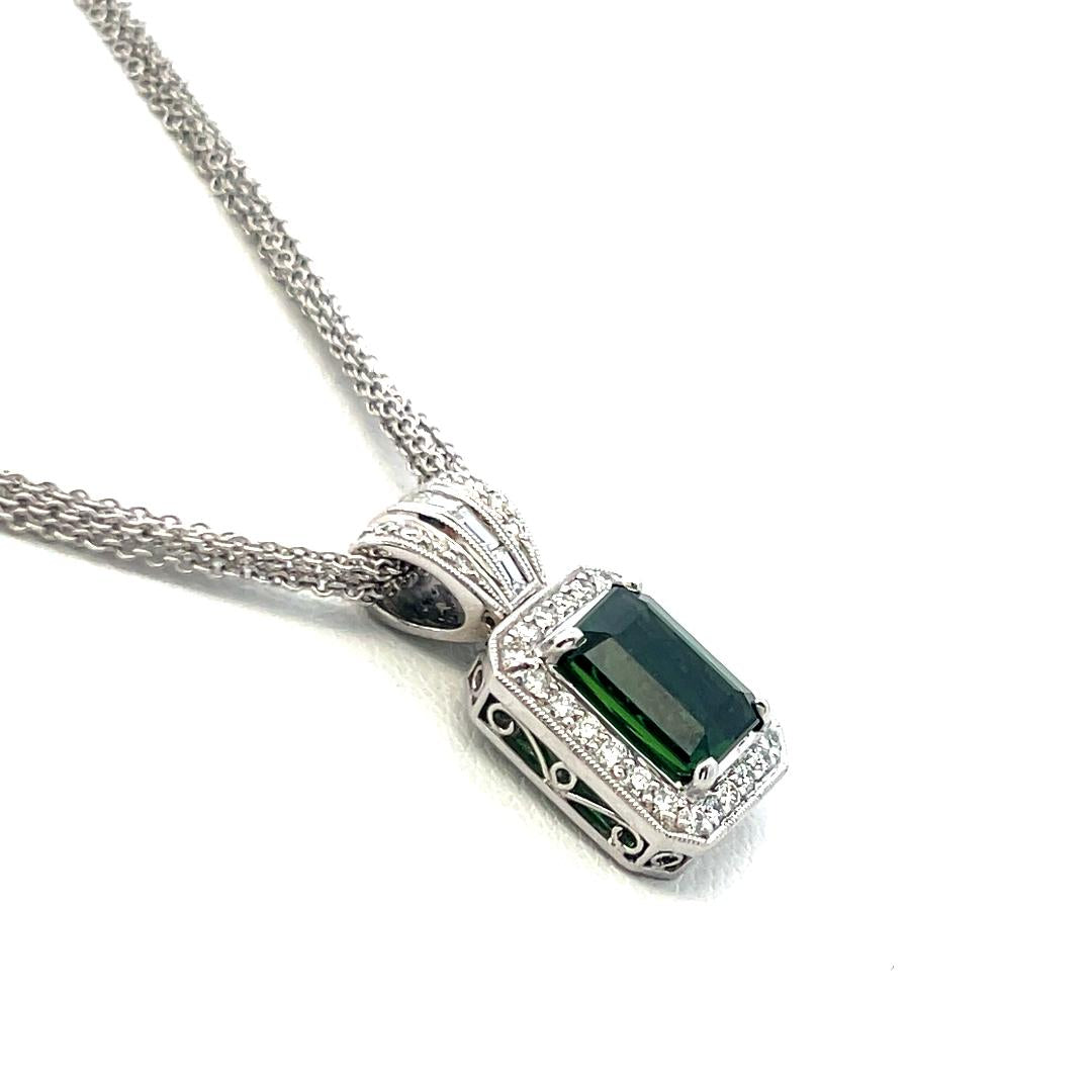 18K WG Pendant Necklace with 0.46ct Round & Baguette Diamonds & 1.5ct Tourmaline