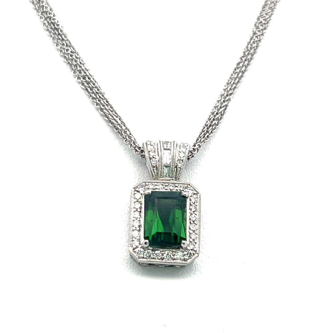 18K WG Pendant Necklace with 0.46ct Round & Baguette Diamonds & 1.5ct Tourmaline