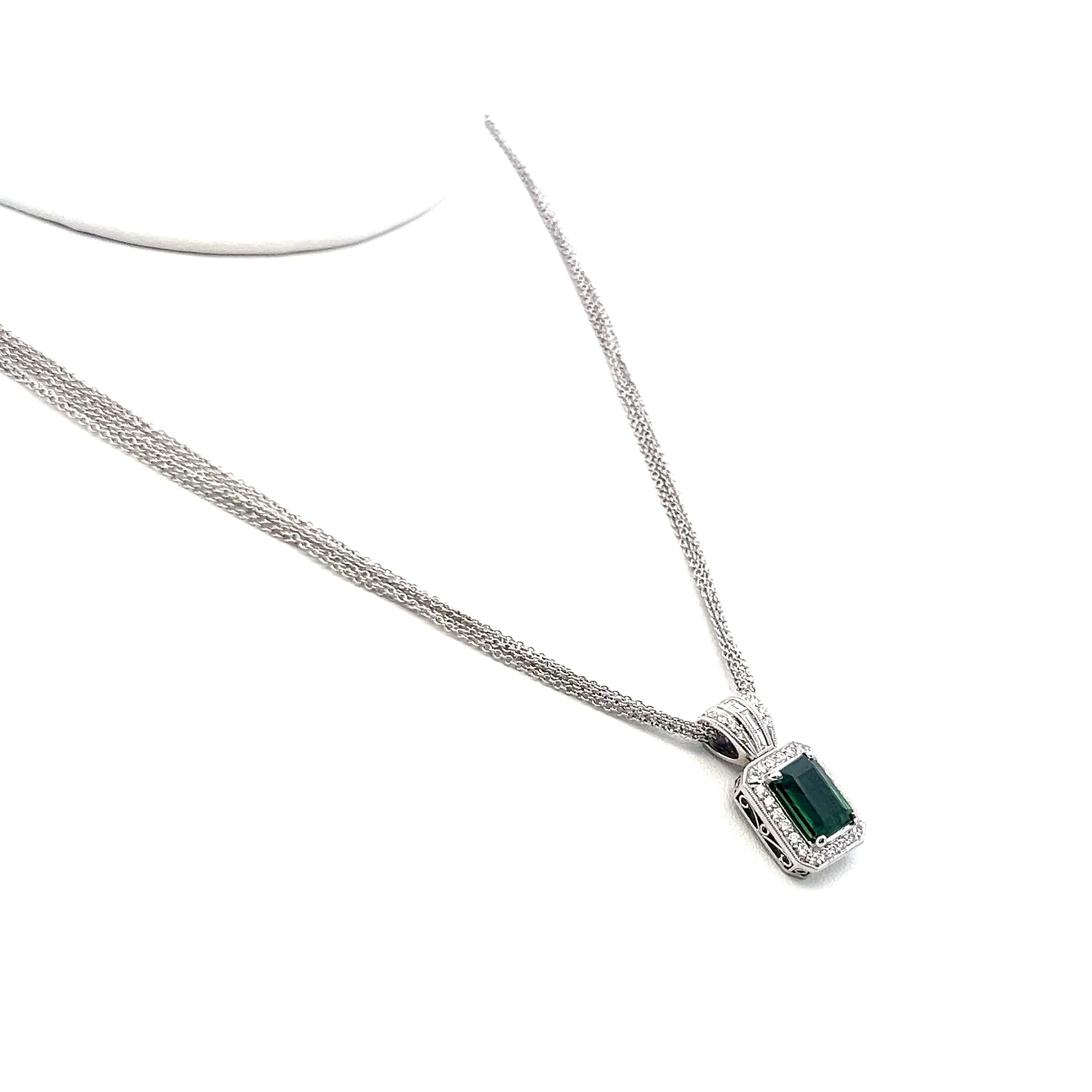 18K WG Pendant Necklace with 0.46ct Round & Baguette Diamonds & 1.5ct Tourmaline