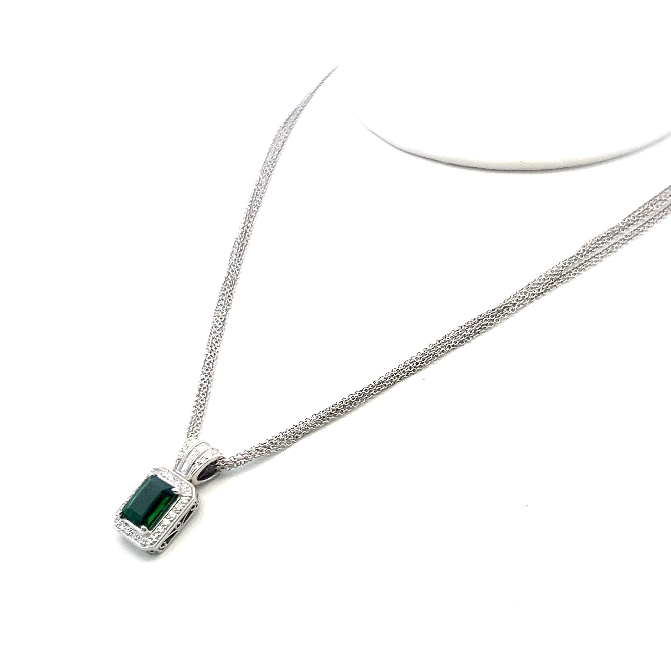 18K WG Pendant Necklace with 0.46ct Round & Baguette Diamonds & 1.5ct Tourmaline
