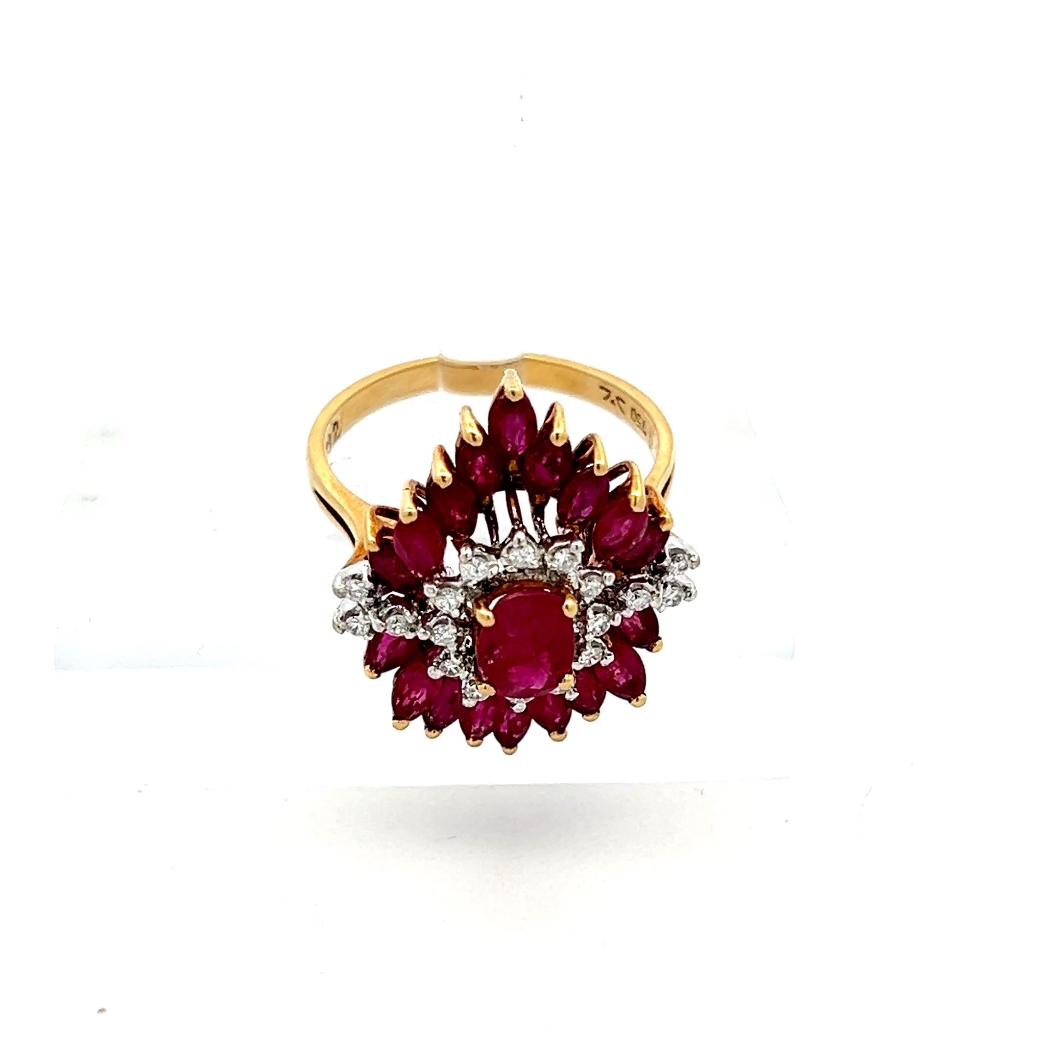 18K YG Cocktail Ring with 0.12 Carat Round Diamonds & 2.08 Carat Ruby Size 7.75