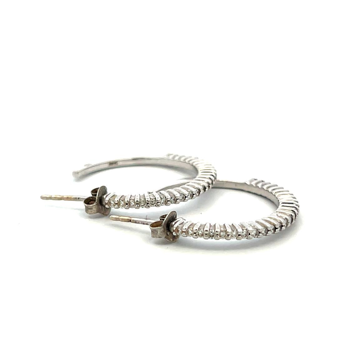 Vintage 18K White Gold C-Hoop Earrings with 0.5 Carat Round H-SI Diamonds