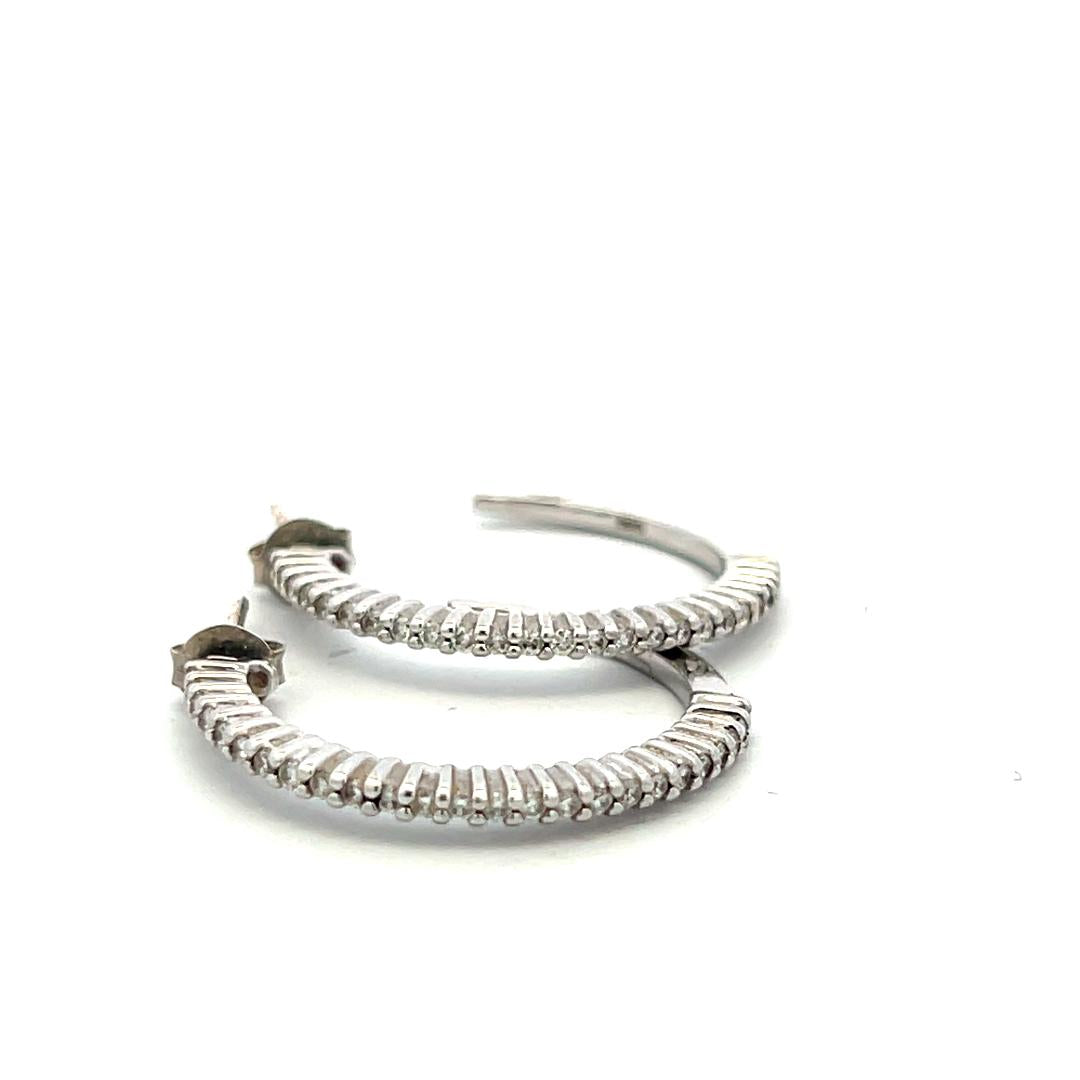 Vintage 18K White Gold C-Hoop Earrings with 0.5 Carat Round H-SI Diamonds