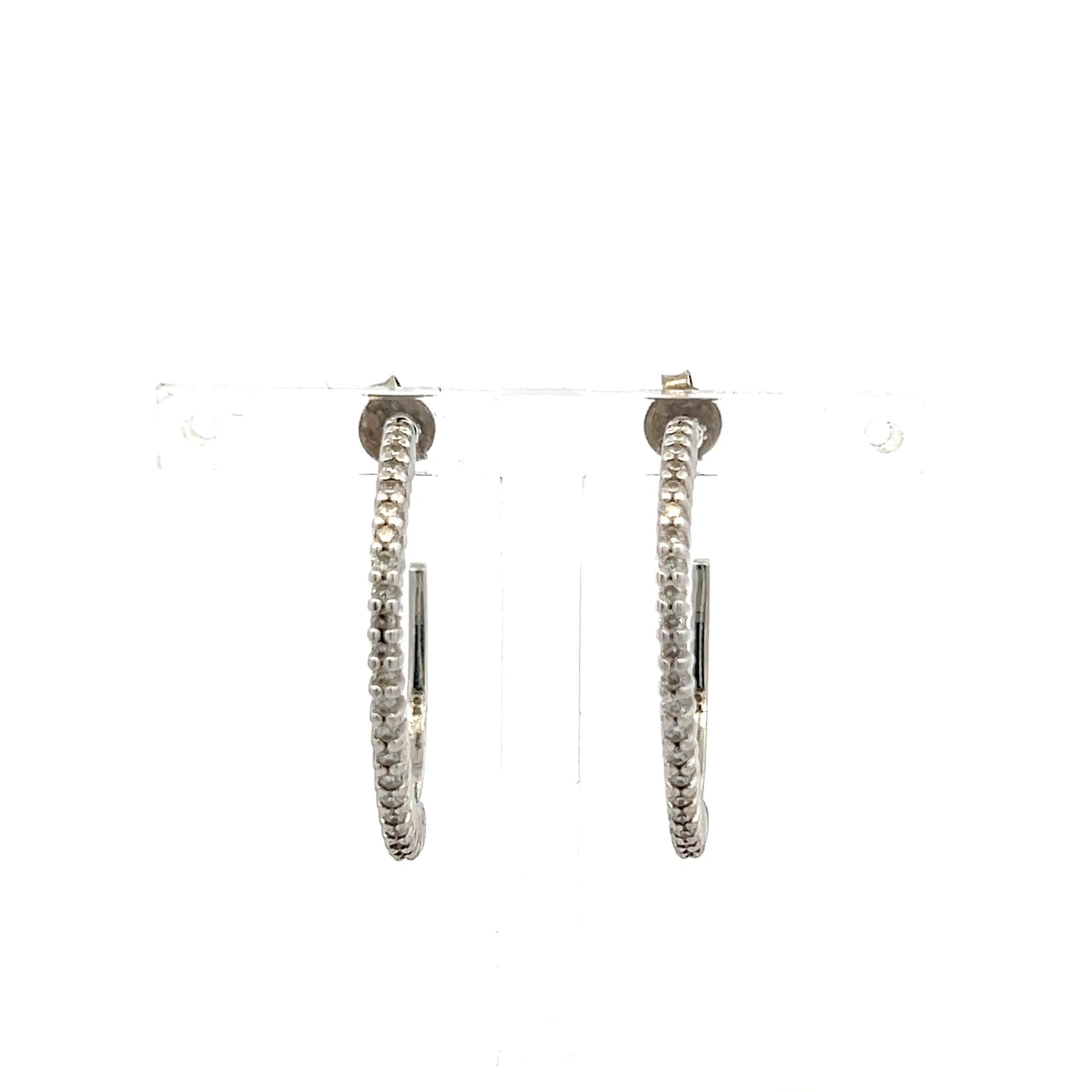 Vintage 18K White Gold C-Hoop Earrings with 0.5 Carat Round H-SI Diamonds