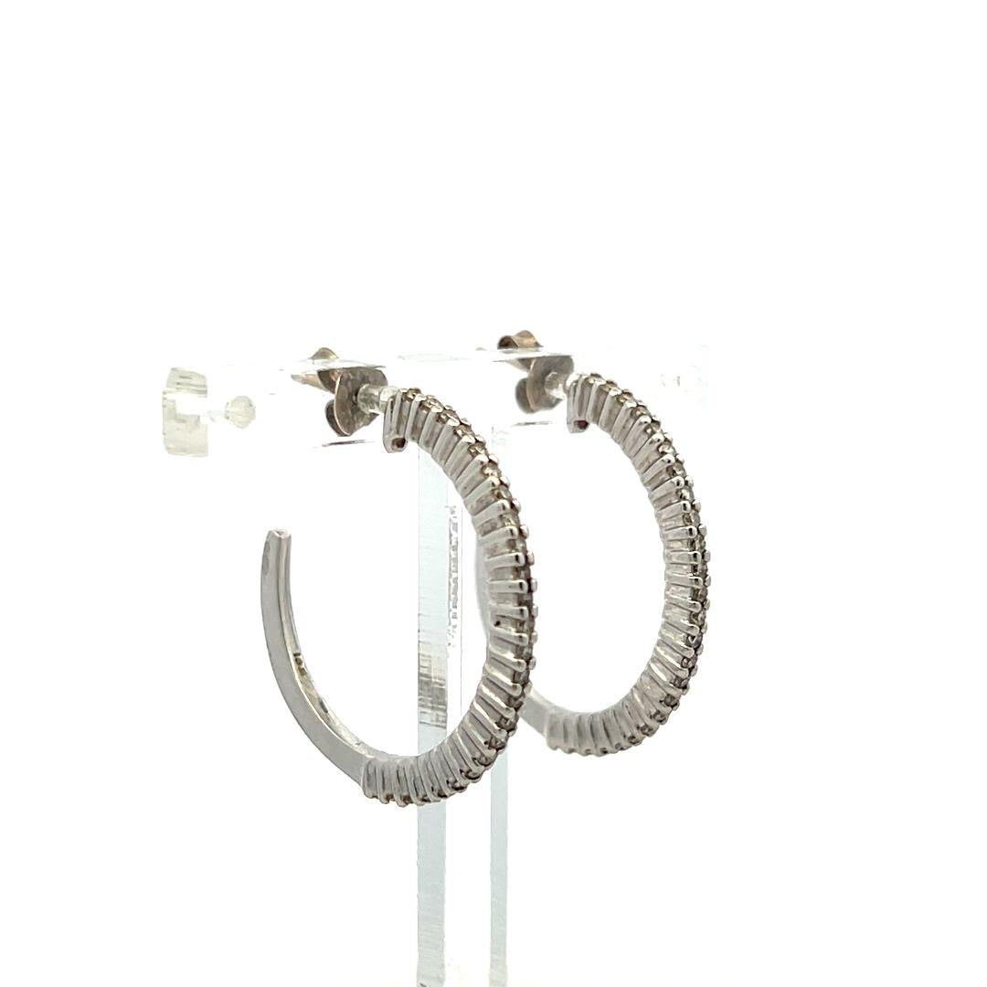 Vintage 18K White Gold C-Hoop Earrings with 0.5 Carat Round H-SI Diamonds