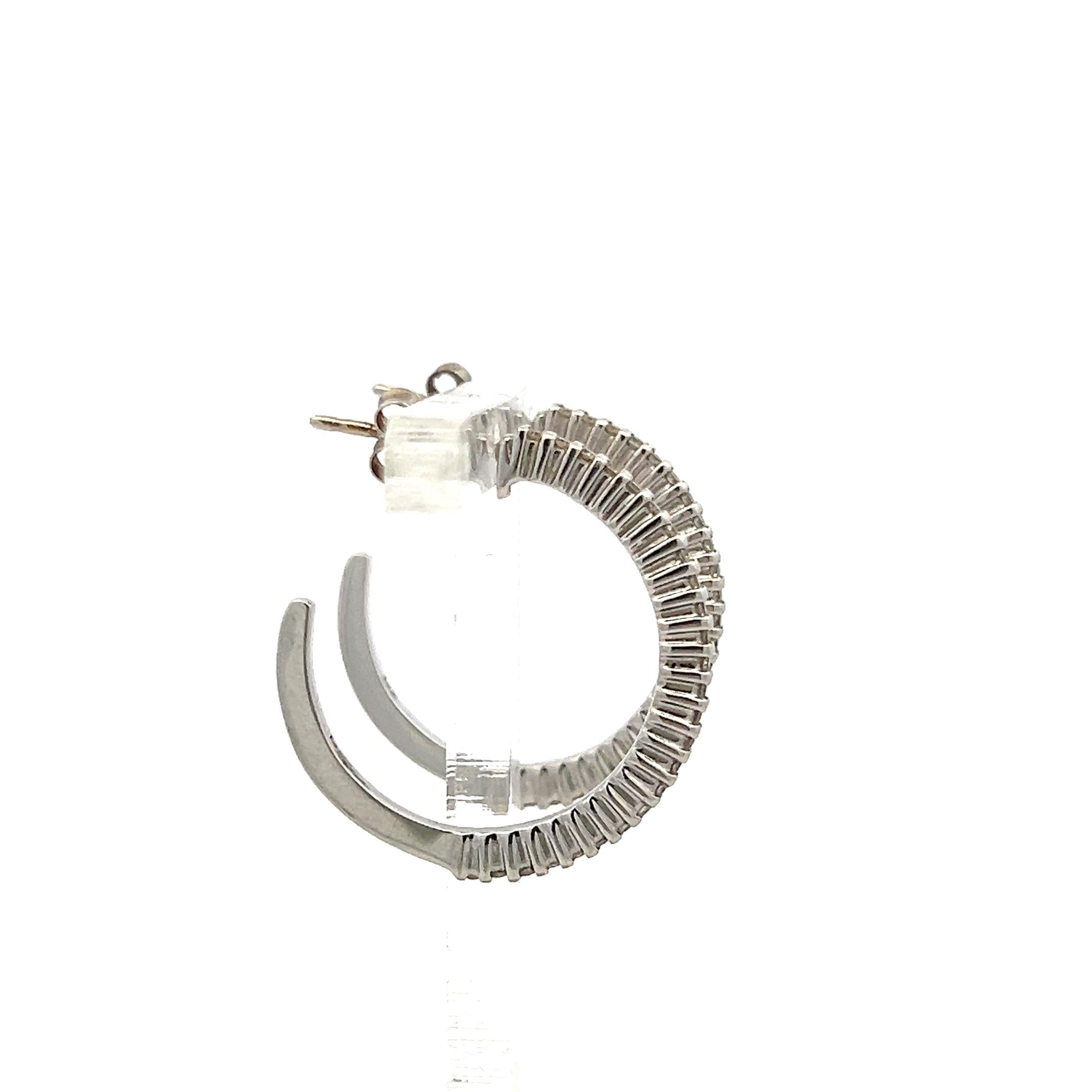 Vintage 18K White Gold C-Hoop Earrings with 0.5 Carat Round H-SI Diamonds
