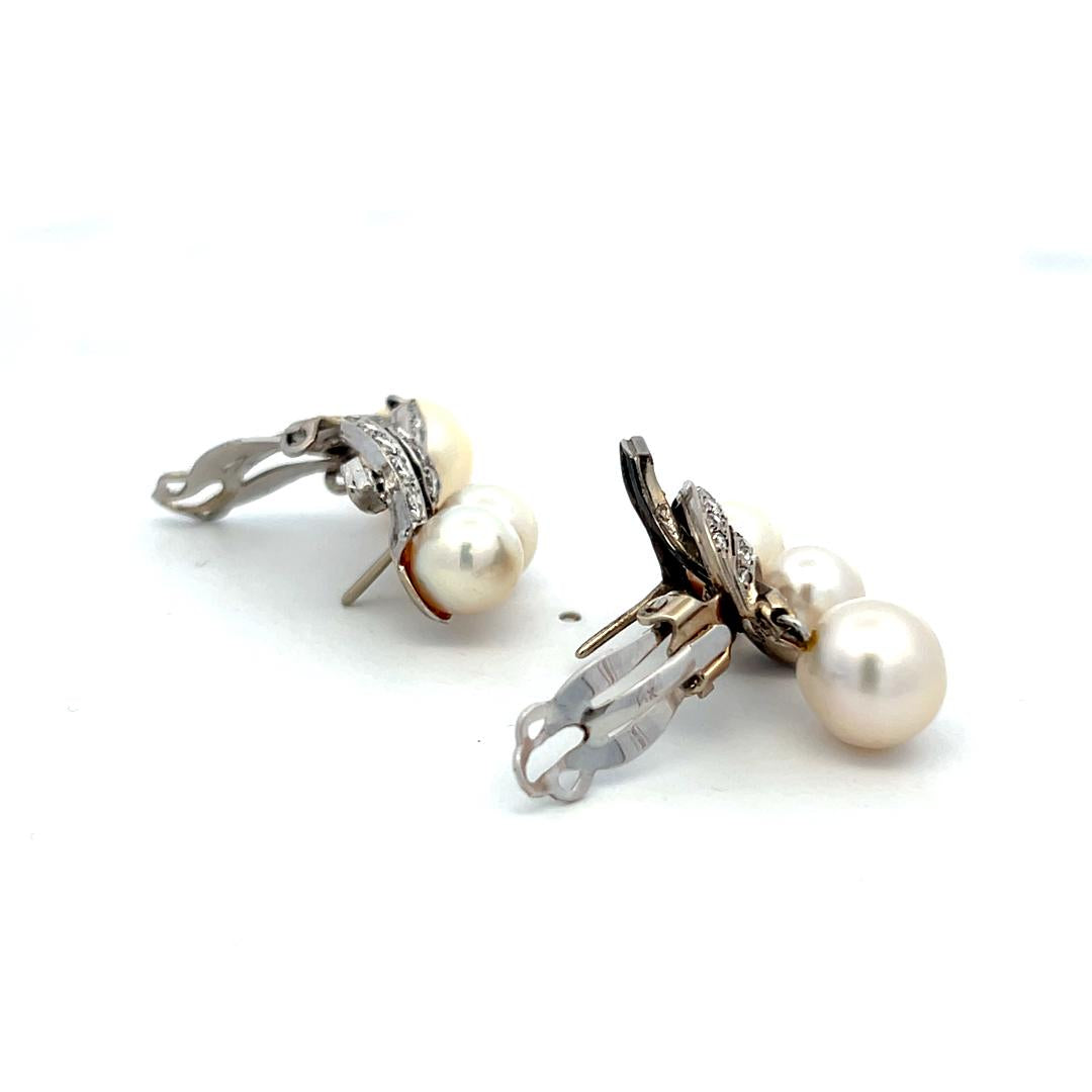 14K WG Clip-On Earrings with 0.83 Carat Round Diamonds & 7.50 - 9.00 MM Pearl