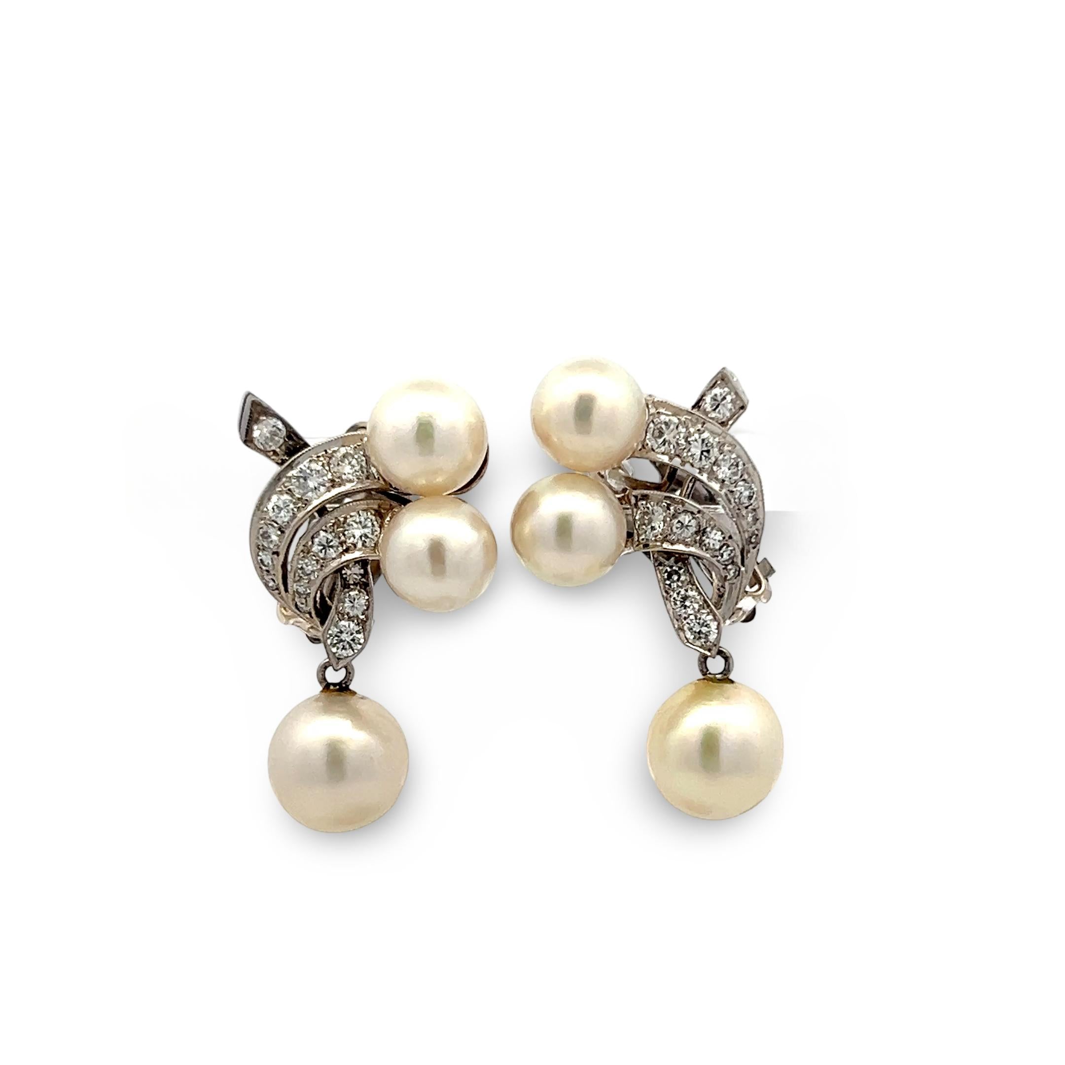 14K WG Clip-On Earrings with 0.83 Carat Round Diamonds & 7.50 - 9.00 MM Pearl
