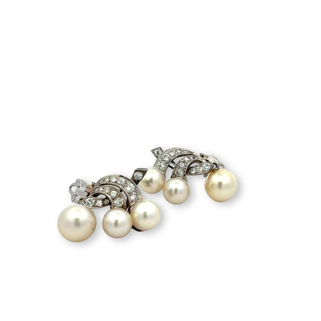 14K WG Clip-On Earrings with 0.83 Carat Round Diamonds & 7.50 - 9.00 MM Pearl