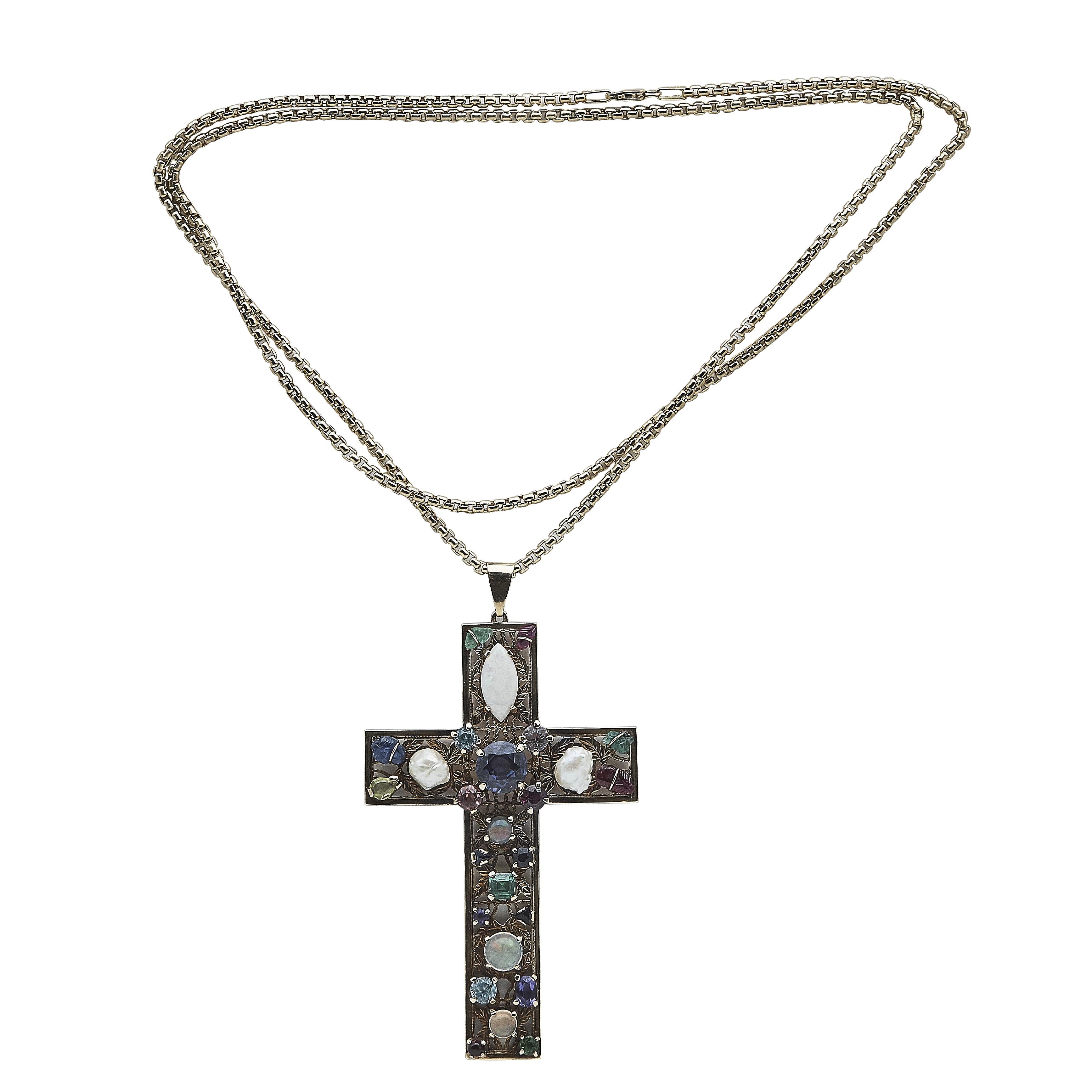 14K Yellow Gold Cross Pendant Necklace with Multi-Gemstones 29.5 Inch 33.8 Grams