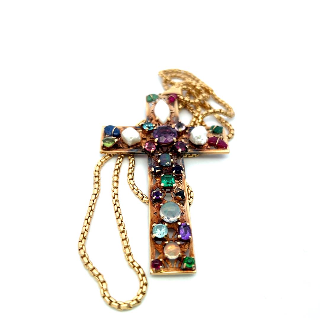 14K Yellow Gold Cross Pendant Necklace with Multi-Gemstones 29.5 Inch 33.8 Grams