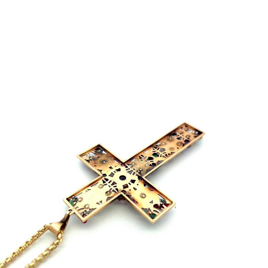 14K Yellow Gold Cross Pendant Necklace with Multi-Gemstones 29.5 Inch 33.8 Grams
