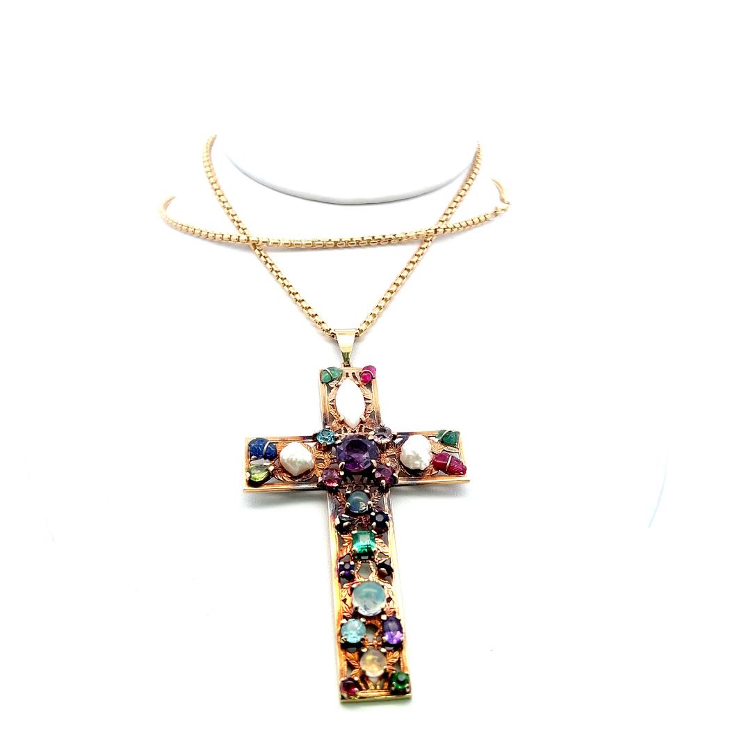 14K Yellow Gold Cross Pendant Necklace with Multi-Gemstones 29.5 Inch 33.8 Grams