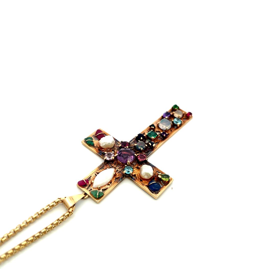 14K Yellow Gold Cross Pendant Necklace with Multi-Gemstones 29.5 Inch 33.8 Grams