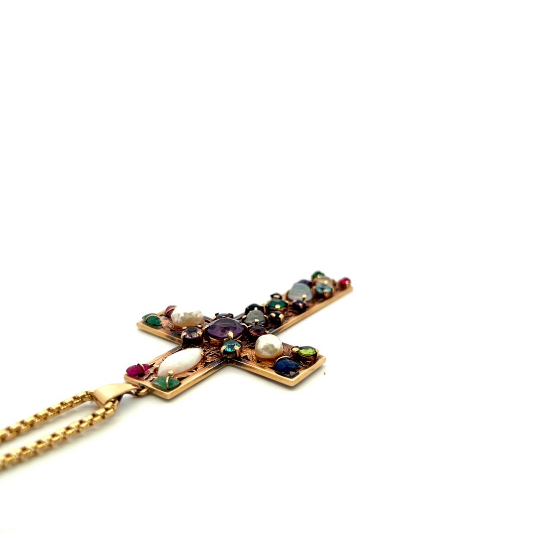 14K Yellow Gold Cross Pendant Necklace with Multi-Gemstones 29.5 Inch 33.8 Grams