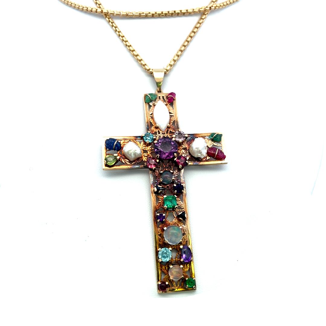 14K Yellow Gold Cross Pendant Necklace with Multi-Gemstones 29.5 Inch 33.8 Grams