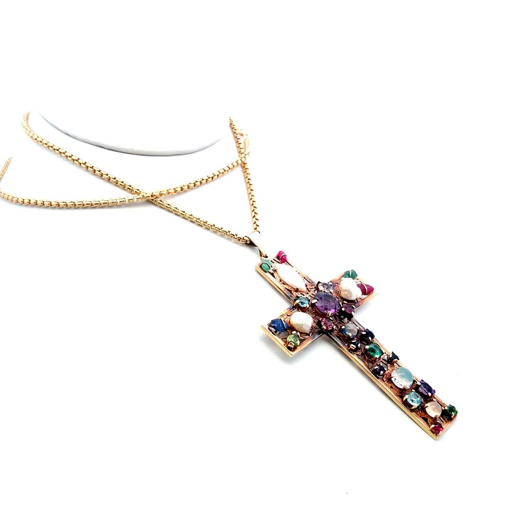 14K Yellow Gold Cross Pendant Necklace with Multi-Gemstones 29.5 Inch 33.8 Grams