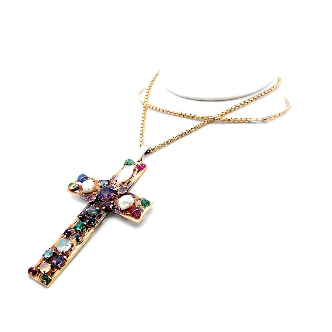 14K Yellow Gold Cross Pendant Necklace with Multi-Gemstones 29.5 Inch 33.8 Grams