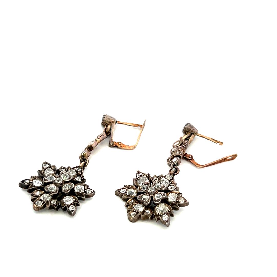 Antique 18K Yellow Gold Drop Earrings with 0.8 Carat Rose Cut I-SI Diamonds