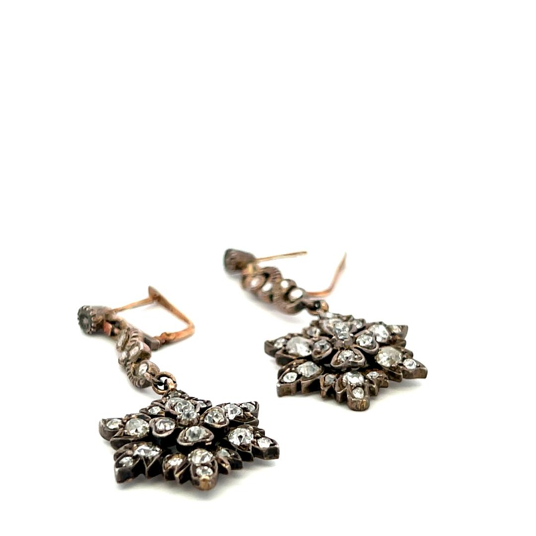 Antique 18K Yellow Gold Drop Earrings with 0.8 Carat Rose Cut I-SI Diamonds
