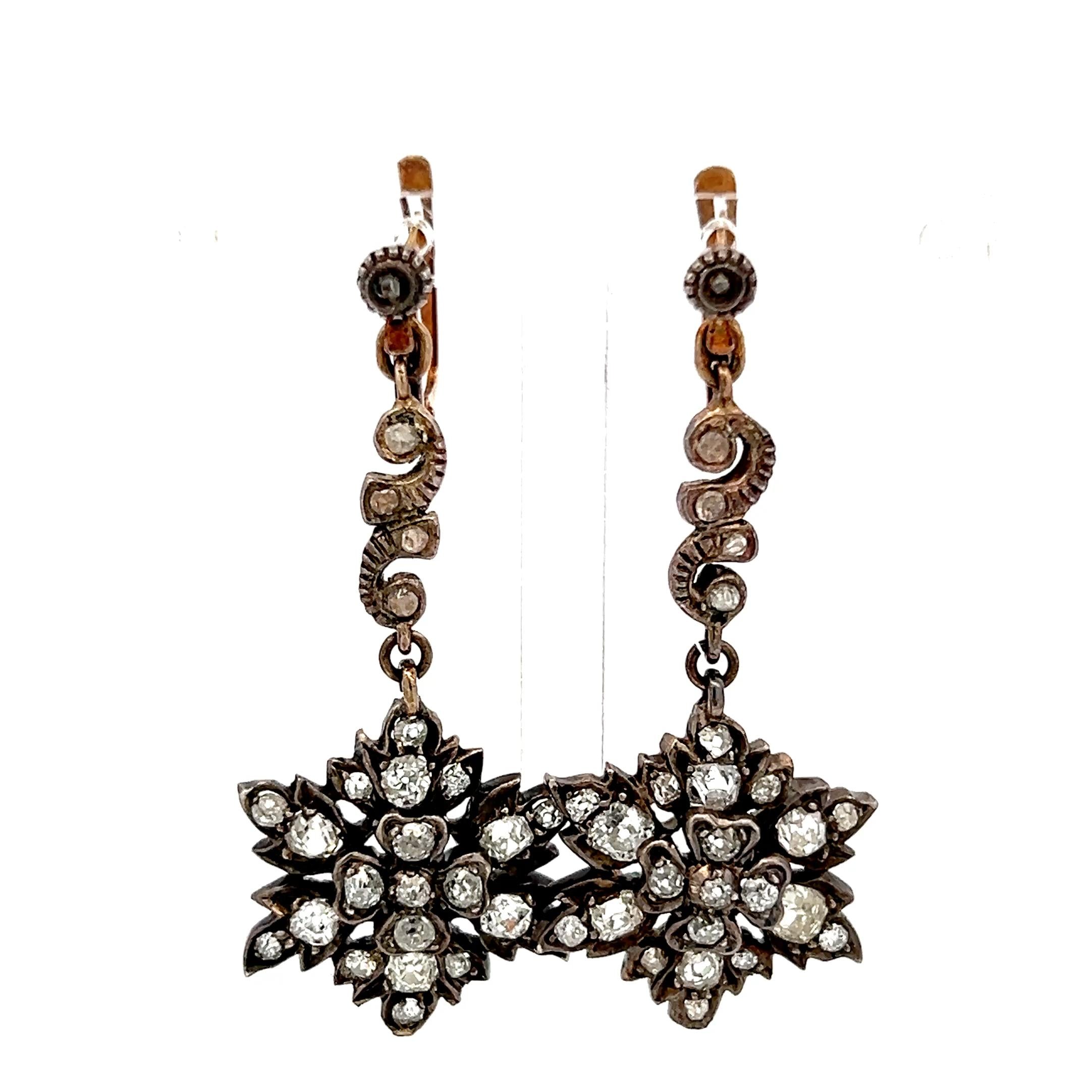 Antique 18K Yellow Gold Drop Earrings with 0.8 Carat Rose Cut I-SI Diamonds