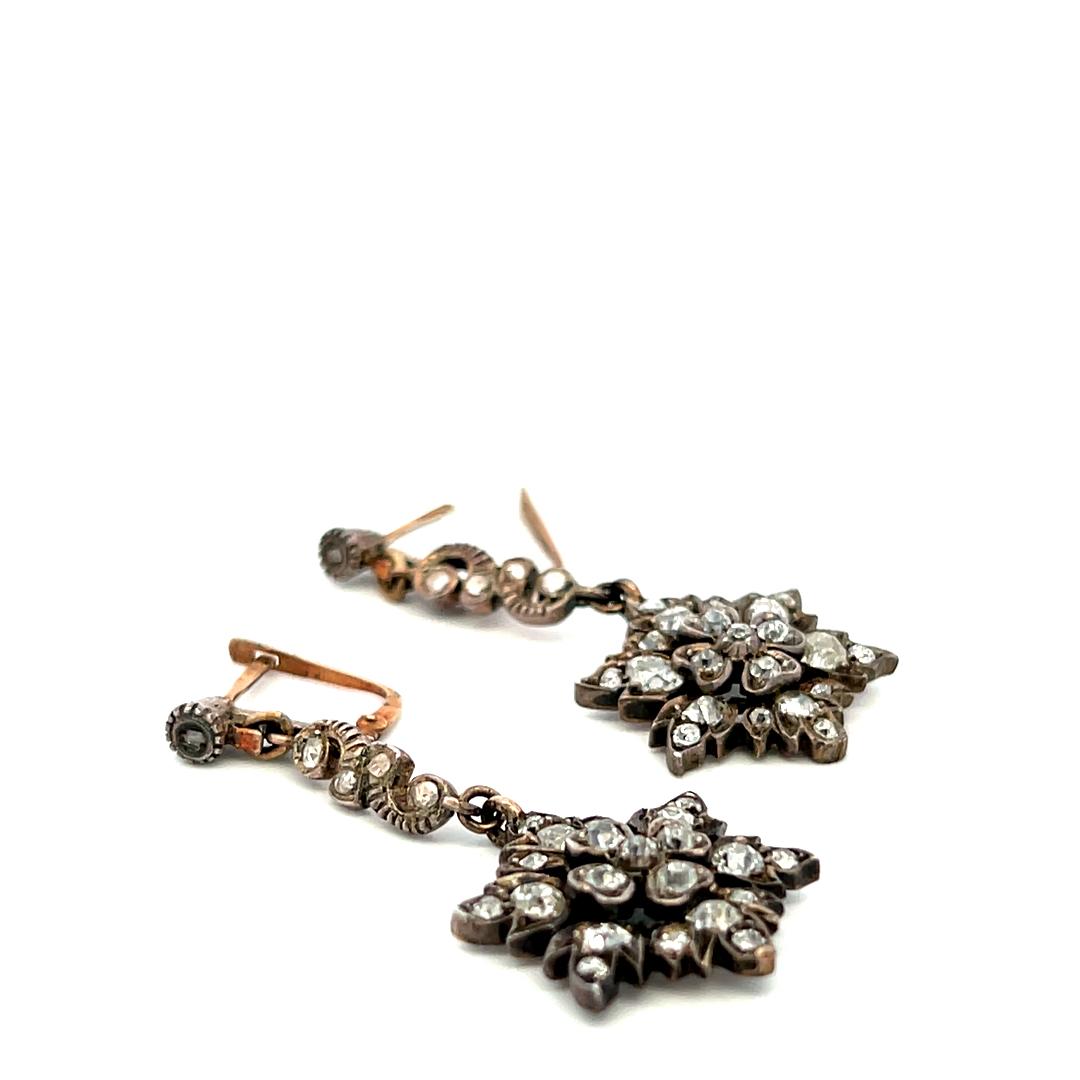 Antique 18K Yellow Gold Drop Earrings with 0.8 Carat Rose Cut I-SI Diamonds