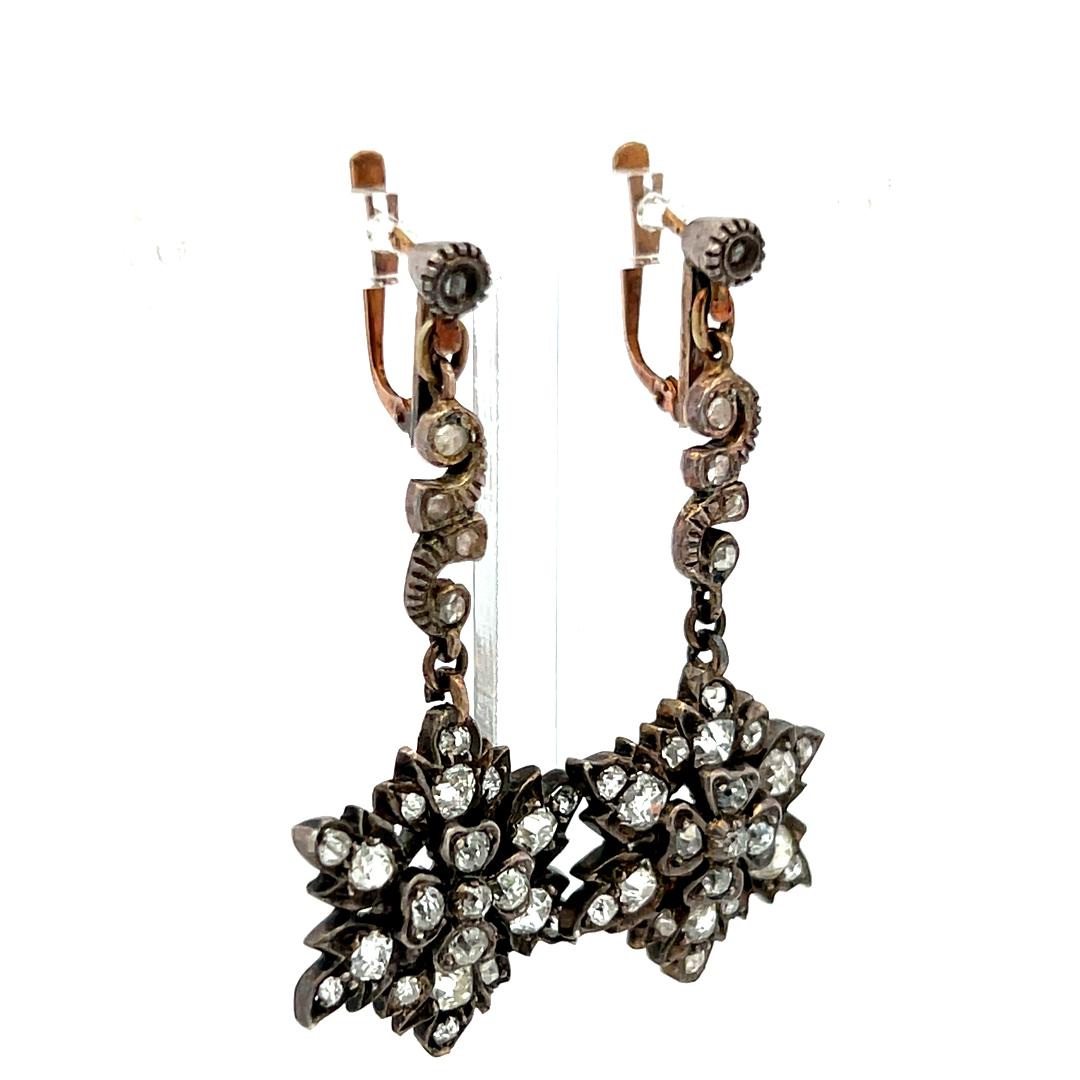 Antique 18K Yellow Gold Drop Earrings with 0.8 Carat Rose Cut I-SI Diamonds