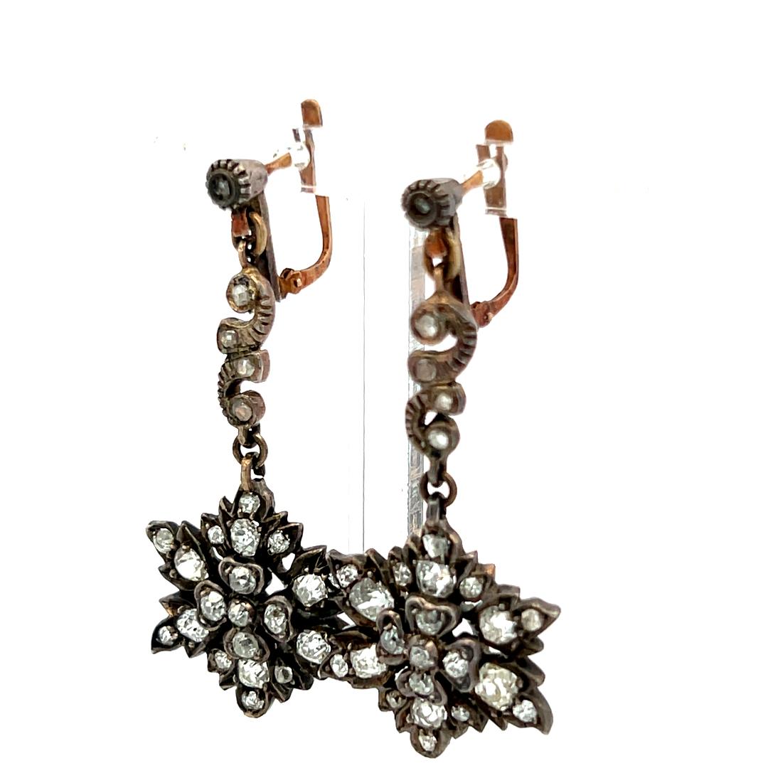 Antique 18K Yellow Gold Drop Earrings with 0.8 Carat Rose Cut I-SI Diamonds