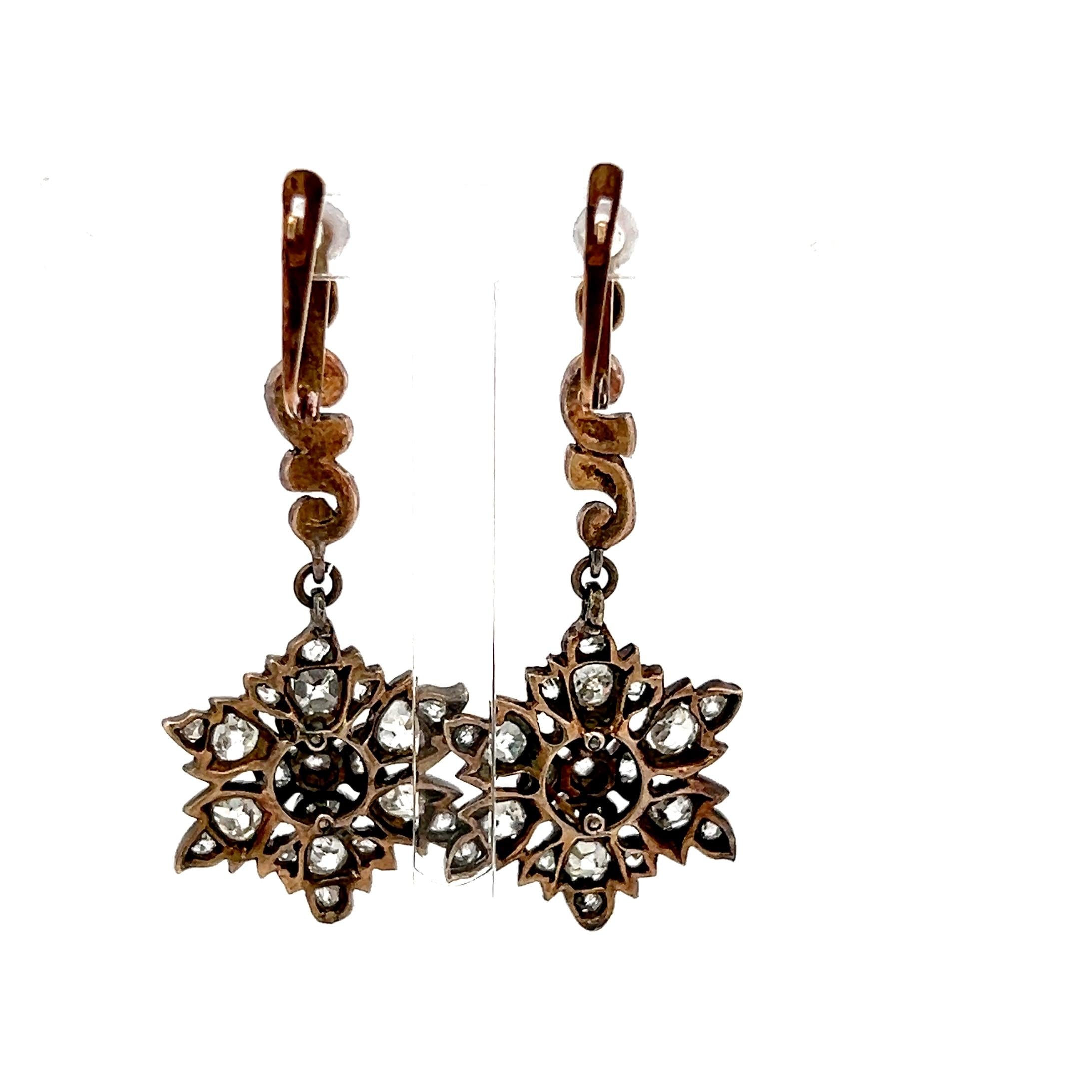 Antique 18K Yellow Gold Drop Earrings with 0.8 Carat Rose Cut I-SI Diamonds
