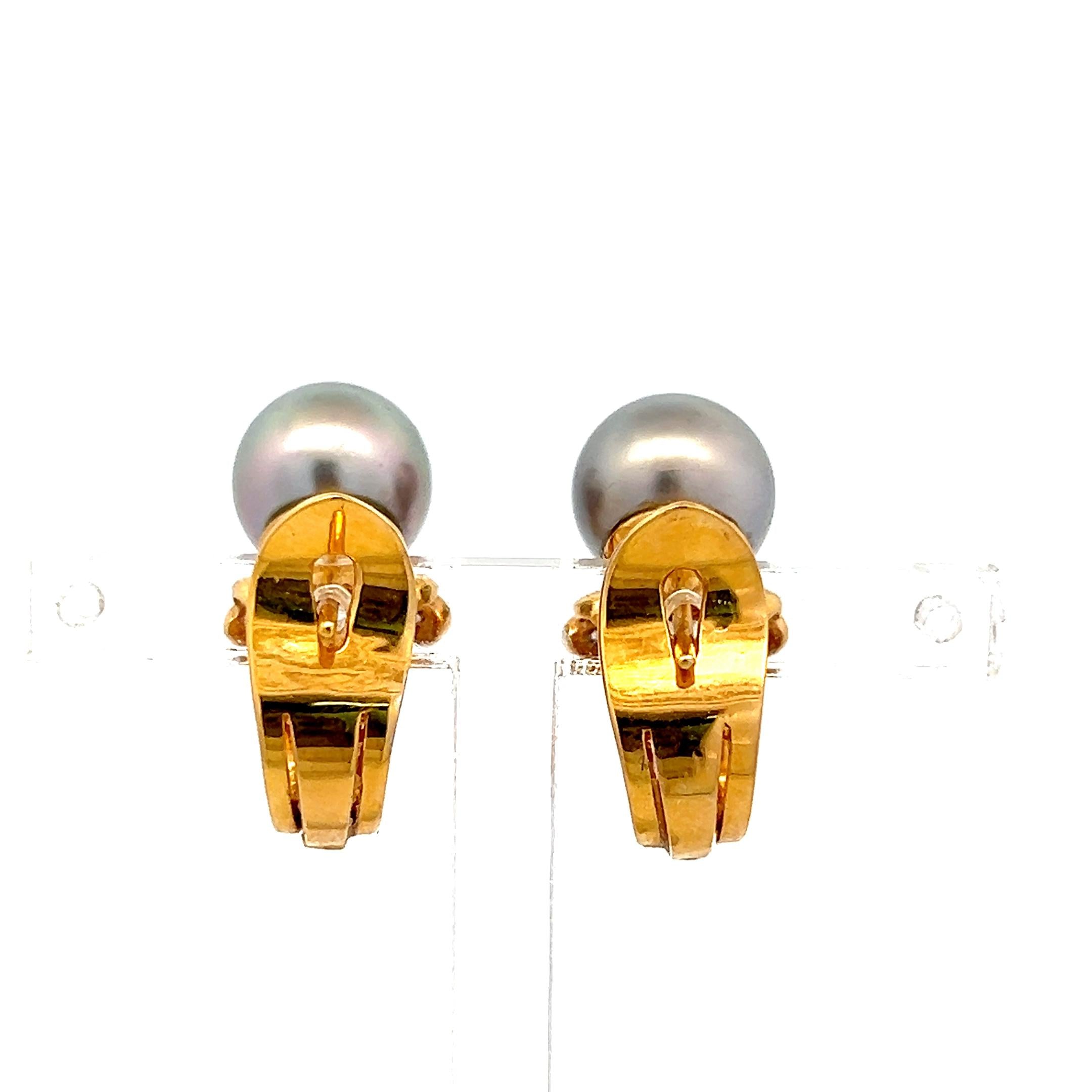 18K YG Clip-On Earrings with 0.62 Carat H-VS Diamonds & 10 MM Tahitian Pearls