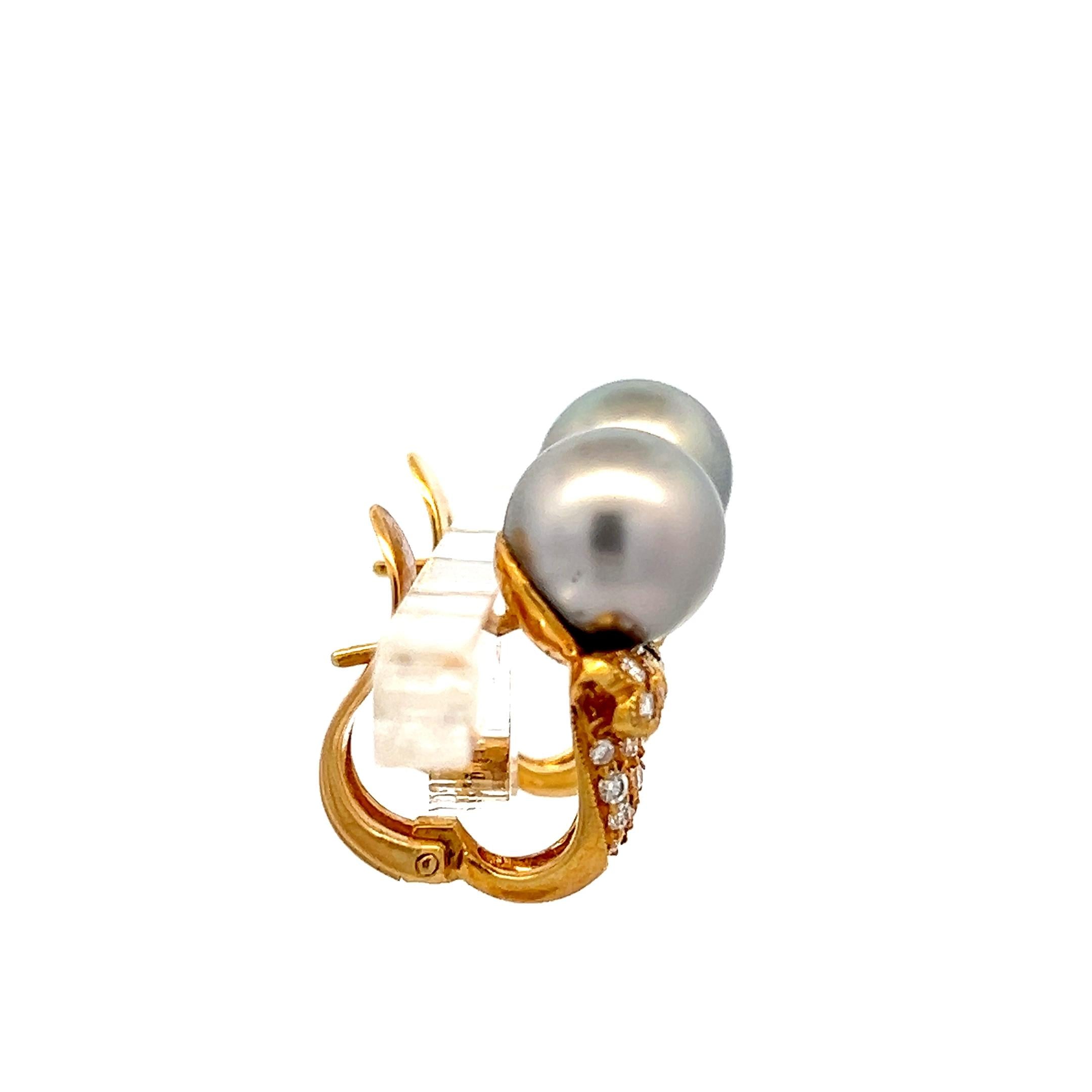18K YG Clip-On Earrings with 0.62 Carat H-VS Diamonds & 10 MM Tahitian Pearls