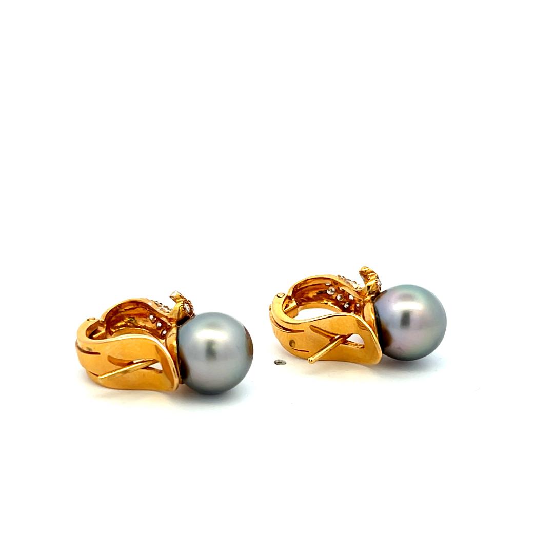 18K YG Clip-On Earrings with 0.62 Carat H-VS Diamonds & 10 MM Tahitian Pearls
