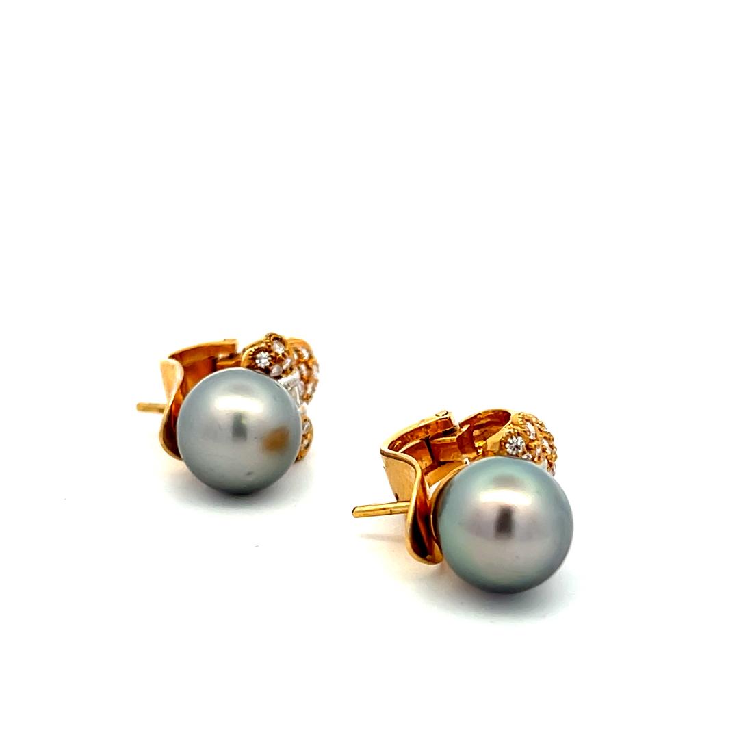 18K YG Clip-On Earrings with 0.62 Carat H-VS Diamonds & 10 MM Tahitian Pearls