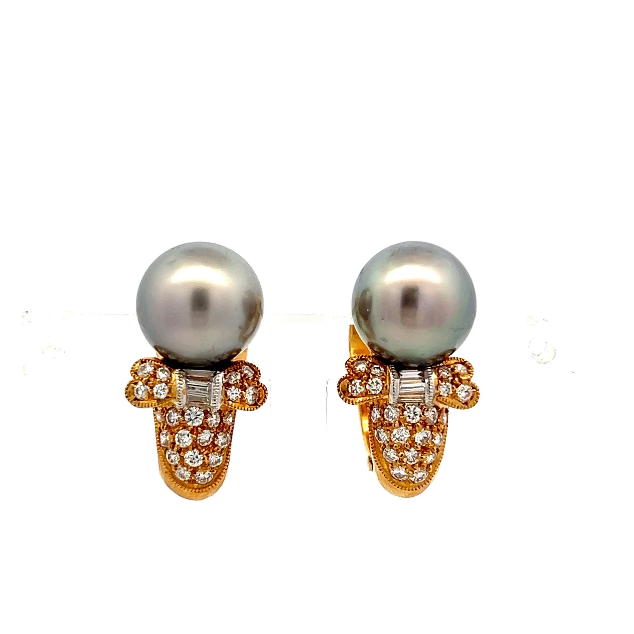 18K YG Clip-On Earrings with 0.62 Carat H-VS Diamonds & 10 MM Tahitian Pearls