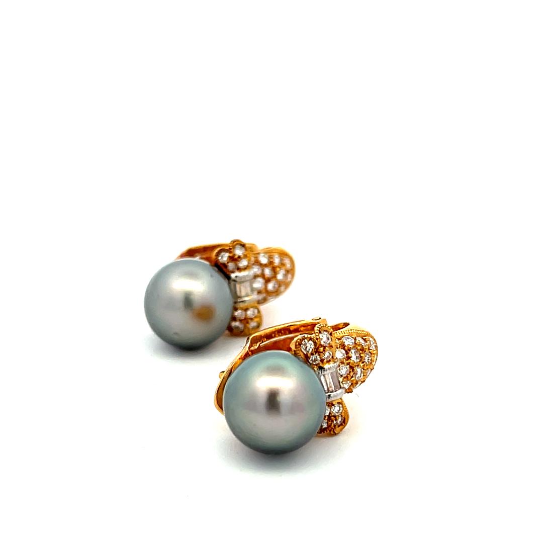 18K YG Clip-On Earrings with 0.62 Carat H-VS Diamonds & 10 MM Tahitian Pearls