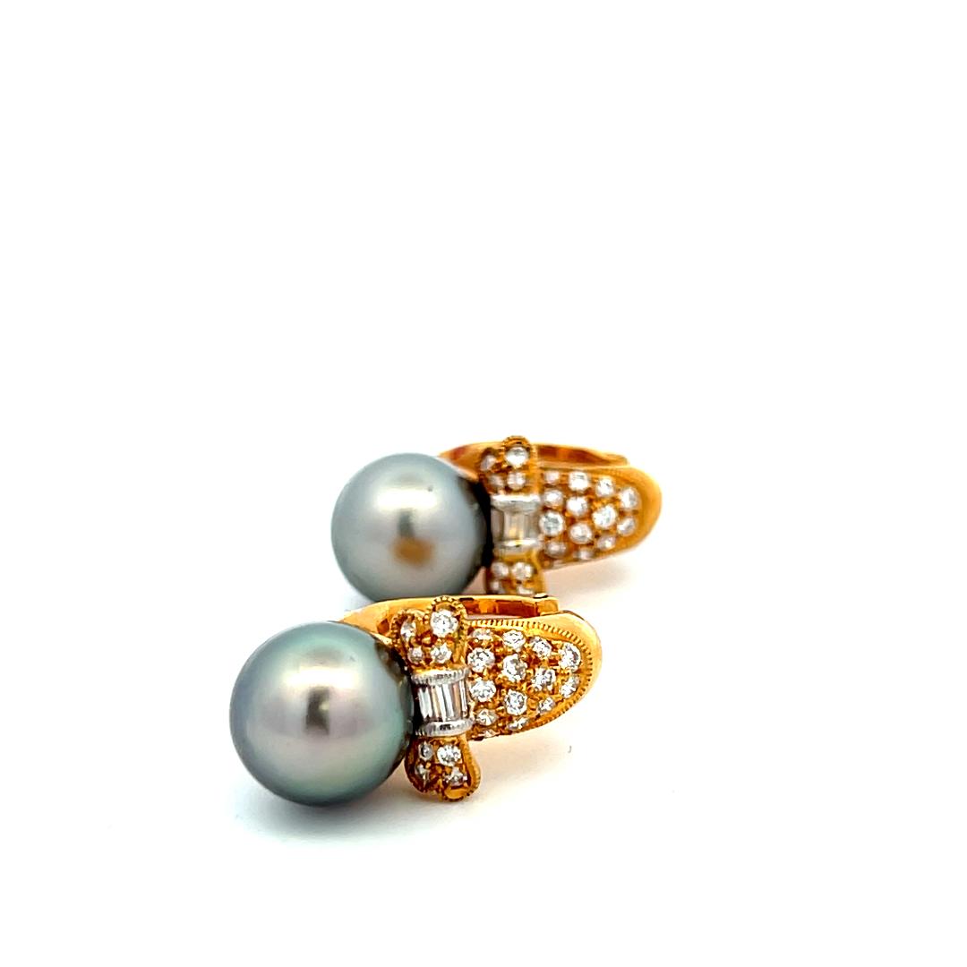 18K YG Clip-On Earrings with 0.62 Carat H-VS Diamonds & 10 MM Tahitian Pearls