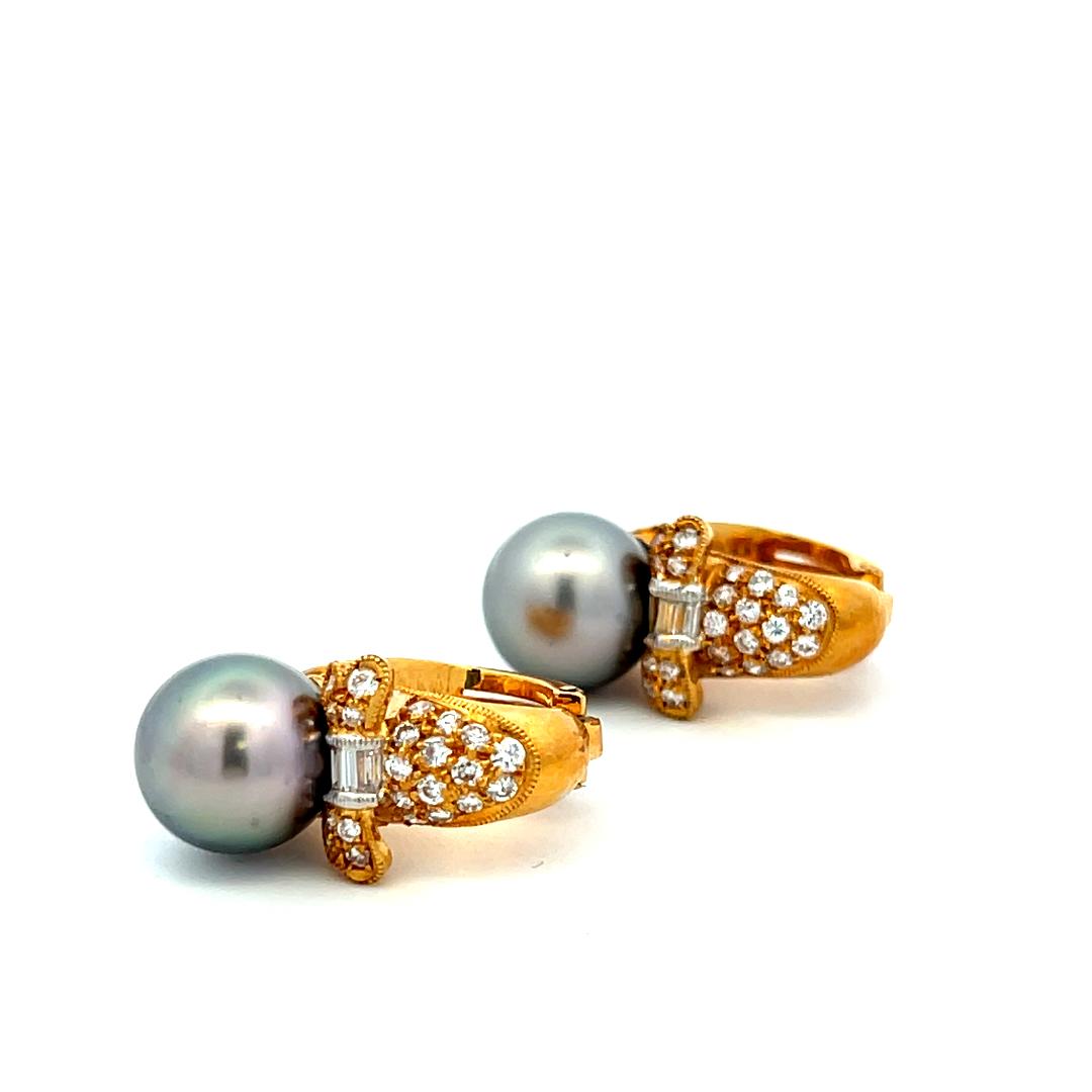 18K YG Clip-On Earrings with 0.62 Carat H-VS Diamonds & 10 MM Tahitian Pearls