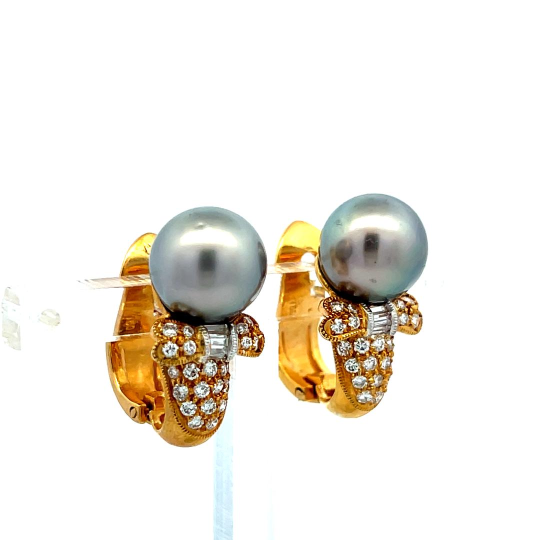 18K YG Clip-On Earrings with 0.62 Carat H-VS Diamonds & 10 MM Tahitian Pearls