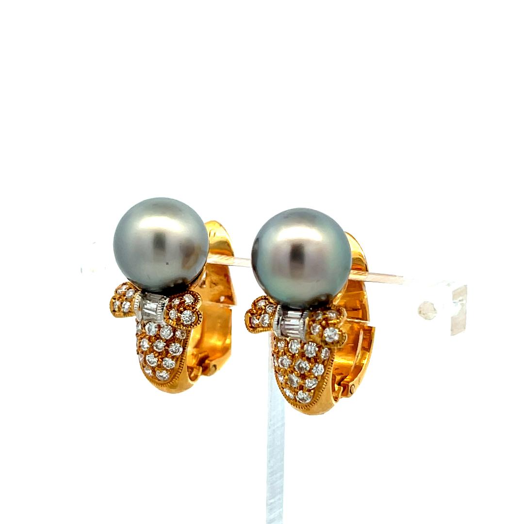 18K YG Clip-On Earrings with 0.62 Carat H-VS Diamonds & 10 MM Tahitian Pearls