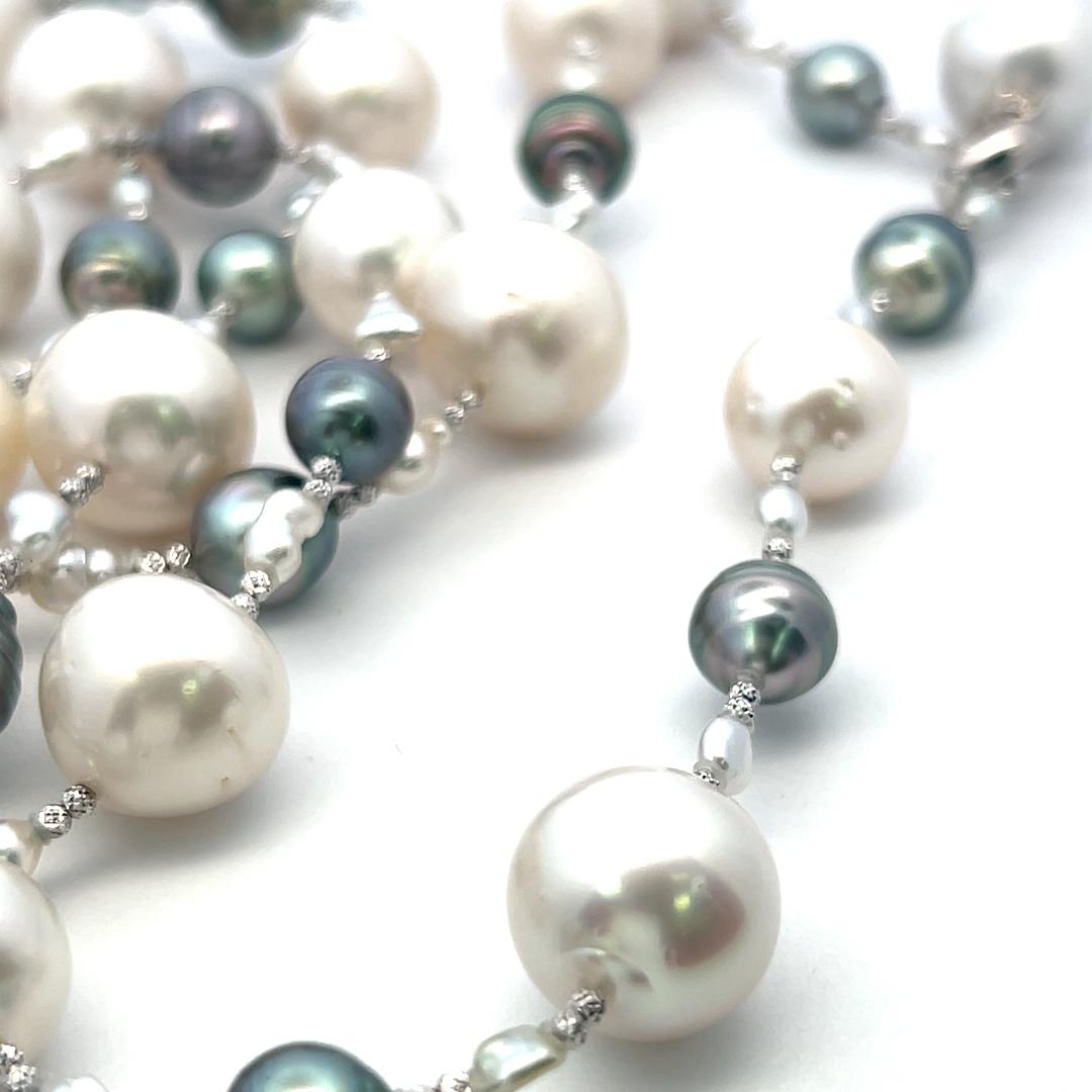 Vintage 18K White Gold Beaded Necklace with White and Titanium Pearls 152.8g