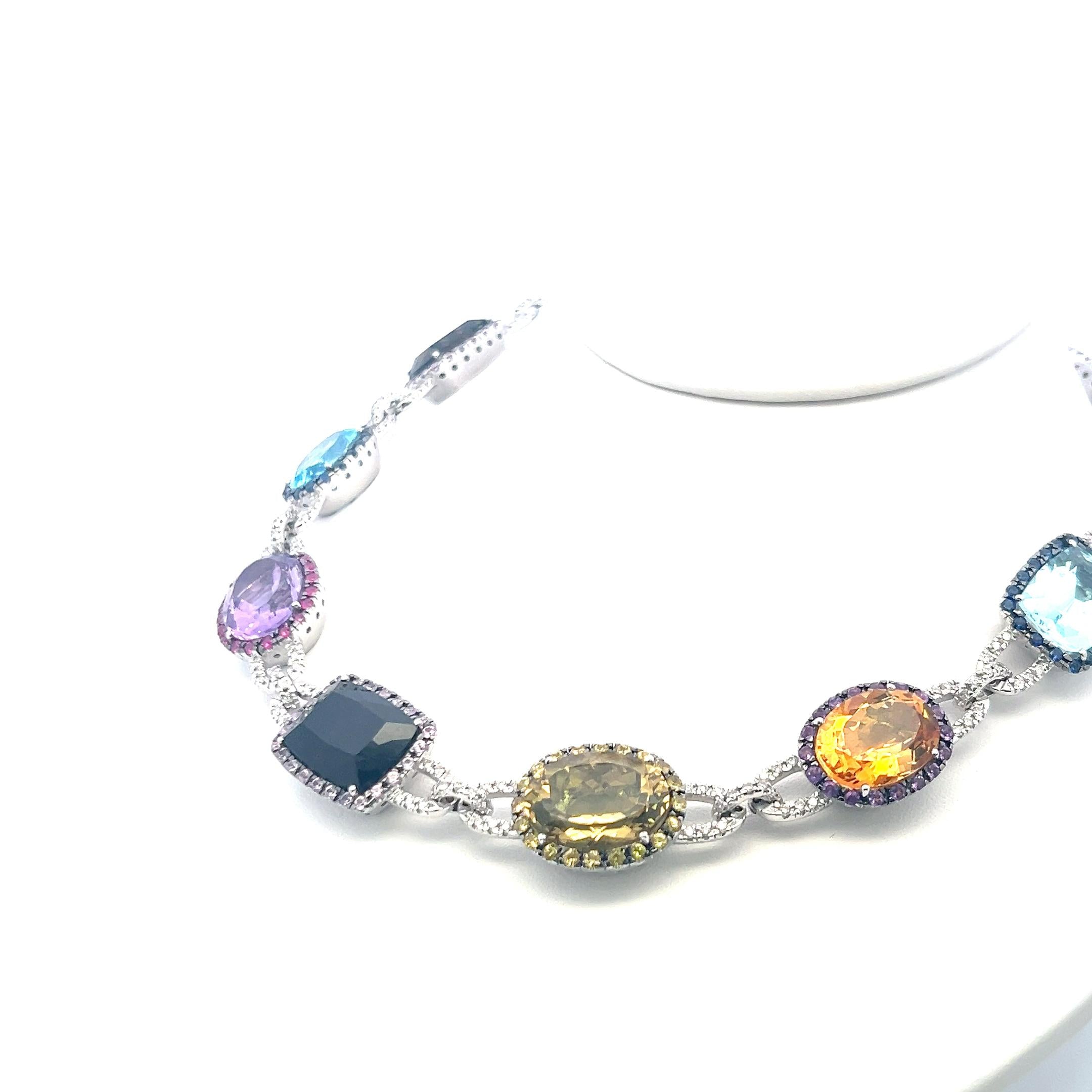 3.10 Ct Diamonds 18K White Gold Collar Necklace Quartz Blue Topaz Amethyst