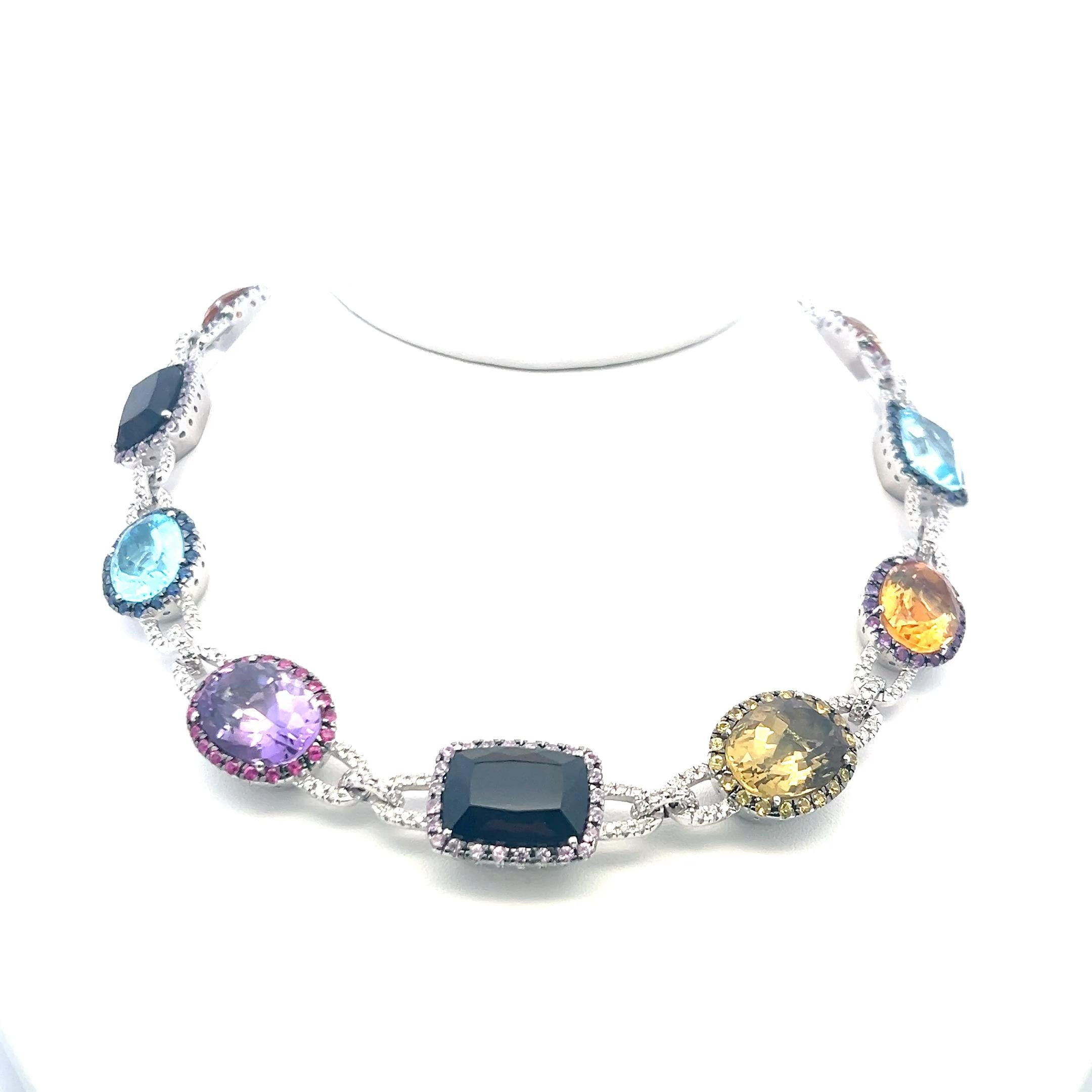 3.10 Ct Diamonds 18K White Gold Collar Necklace Quartz Blue Topaz Amethyst