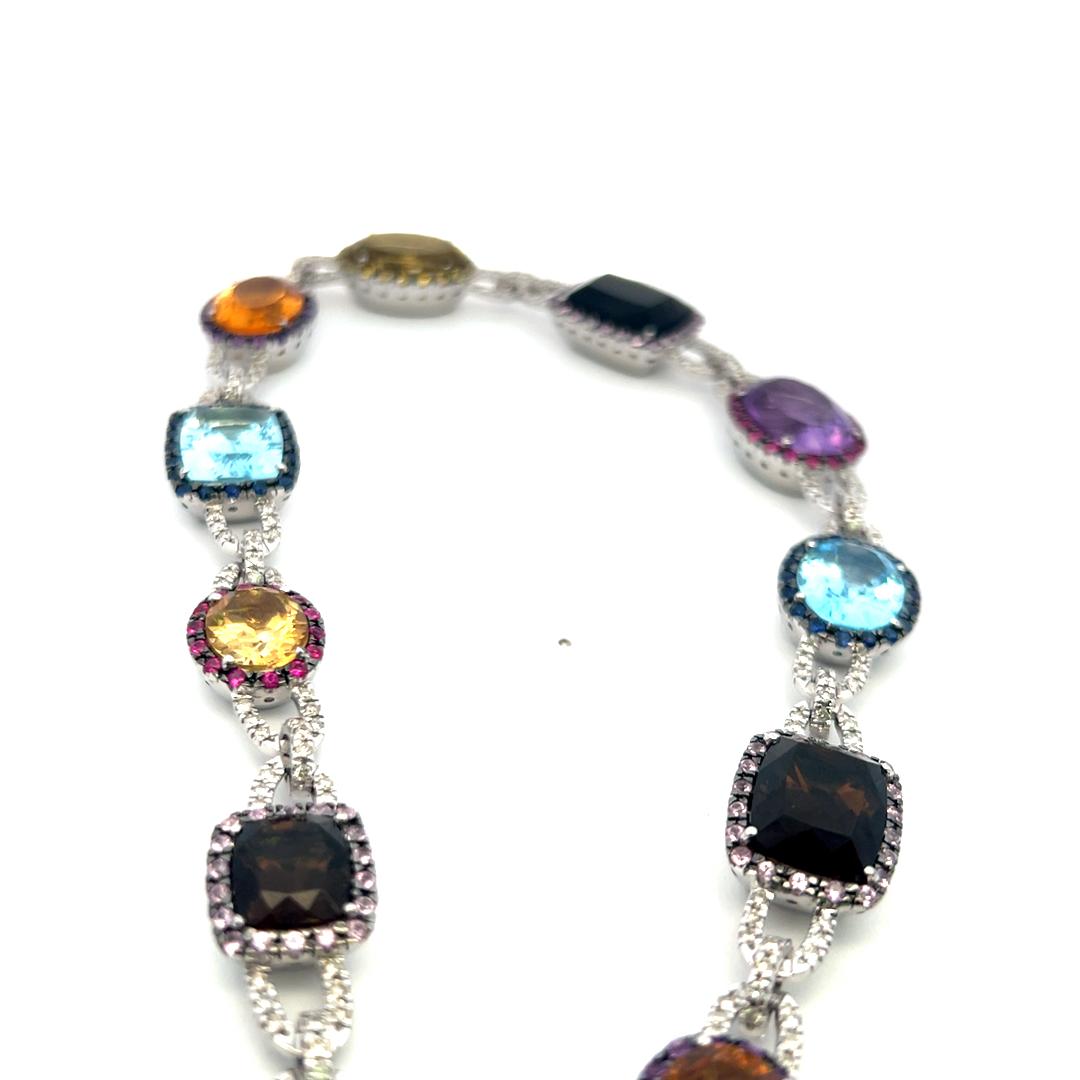 3.10 Ct Diamonds 18K White Gold Collar Necklace Quartz Blue Topaz Amethyst