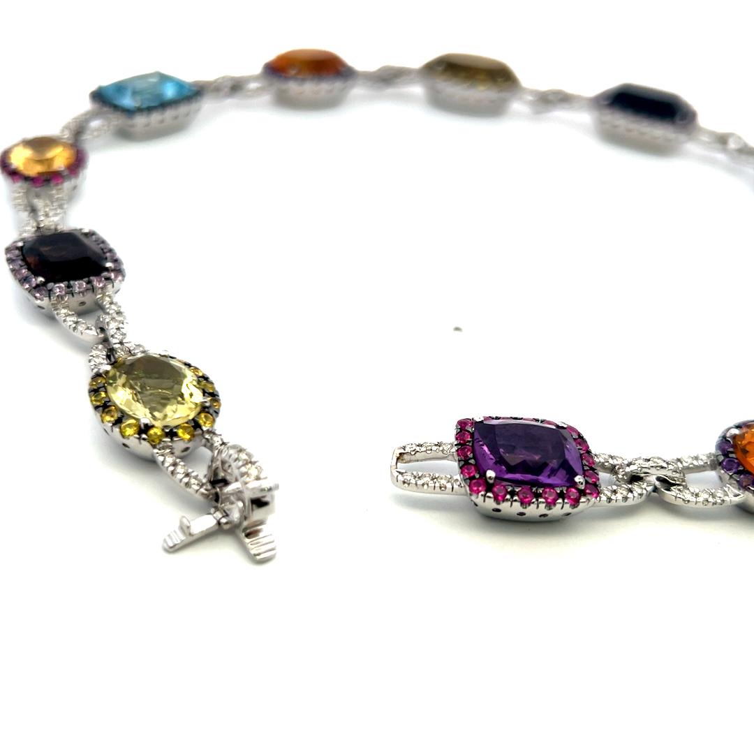3.10 Ct Diamonds 18K White Gold Collar Necklace Quartz Blue Topaz Amethyst