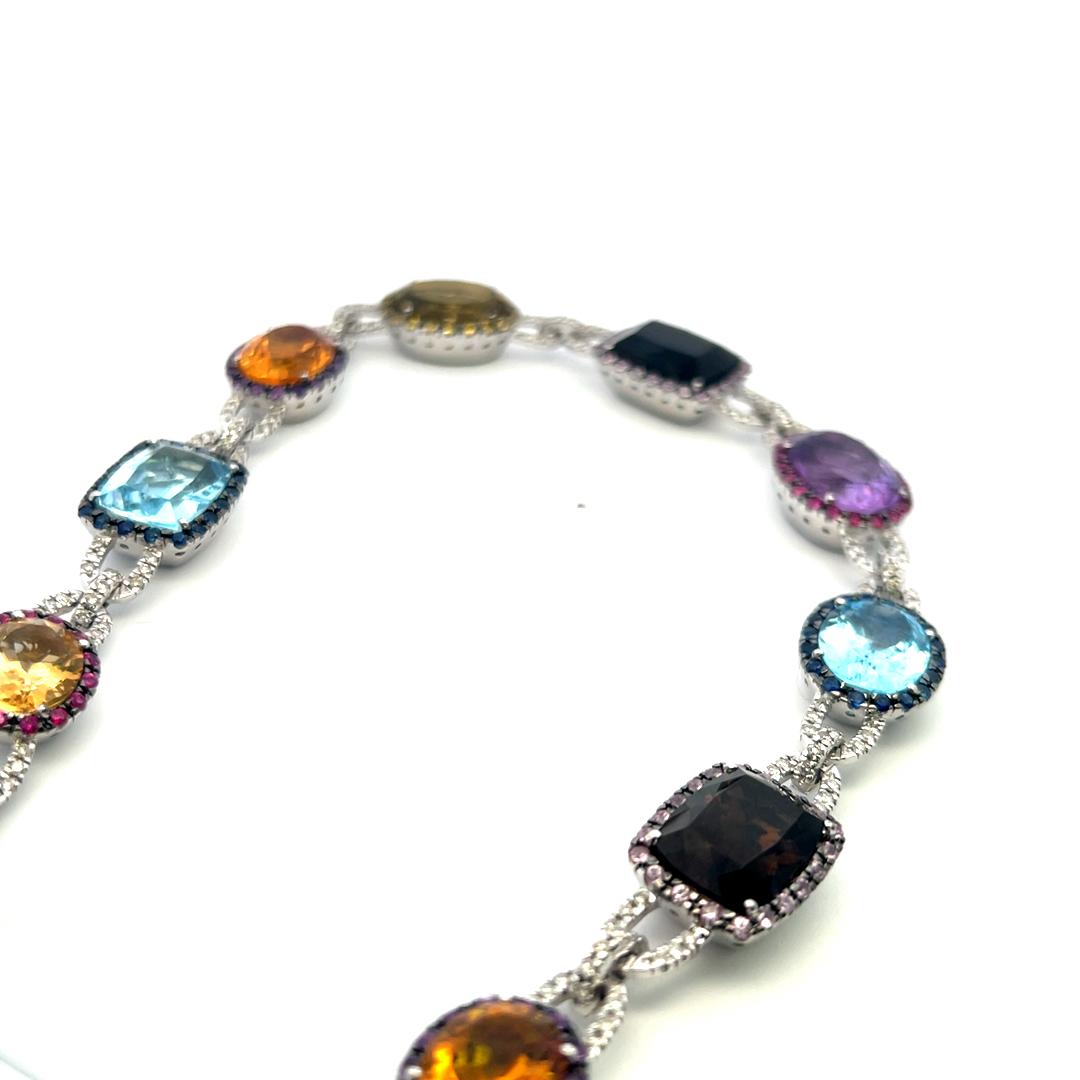 3.10 Ct Diamonds 18K White Gold Collar Necklace Quartz Blue Topaz Amethyst