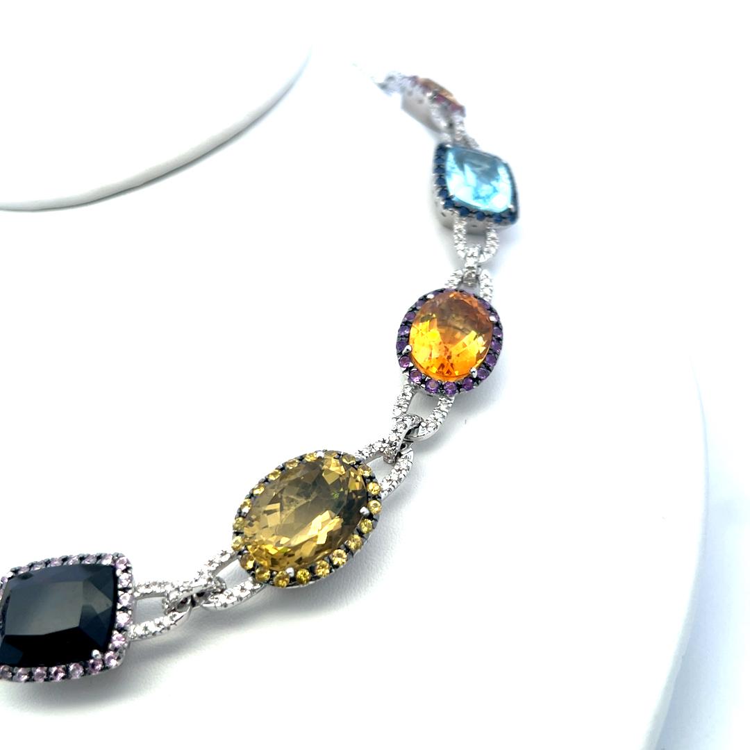 3.10 Ct Diamonds 18K White Gold Collar Necklace Quartz Blue Topaz Amethyst