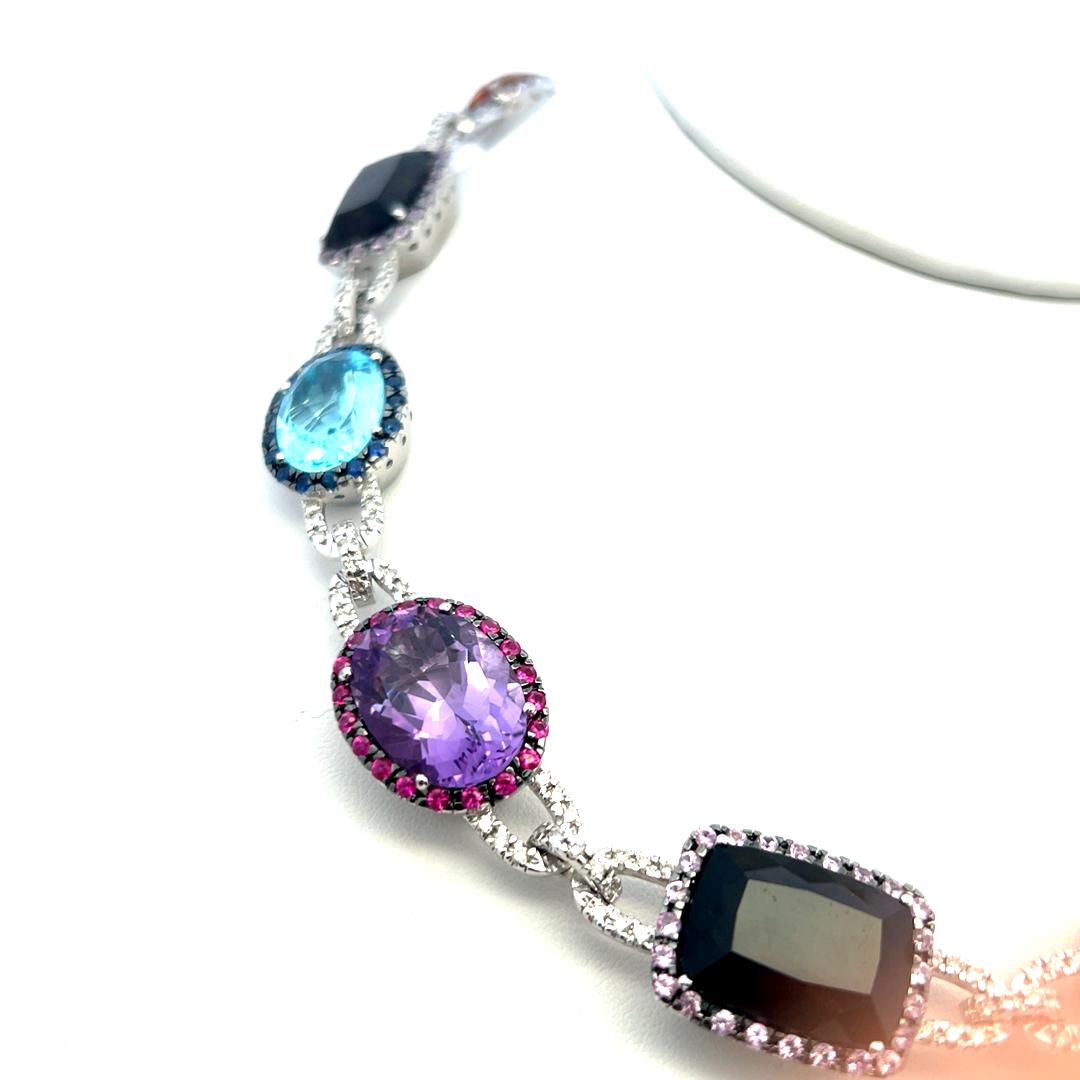 3.10 Ct Diamonds 18K White Gold Collar Necklace Quartz Blue Topaz Amethyst